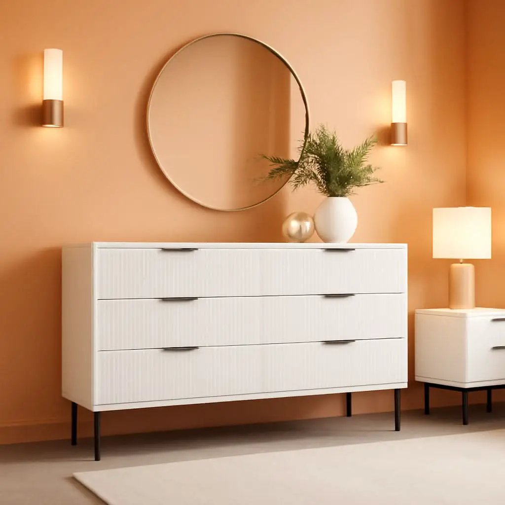 White Fluted Contemporary Dresser With Stainless Legs from PriceLows™