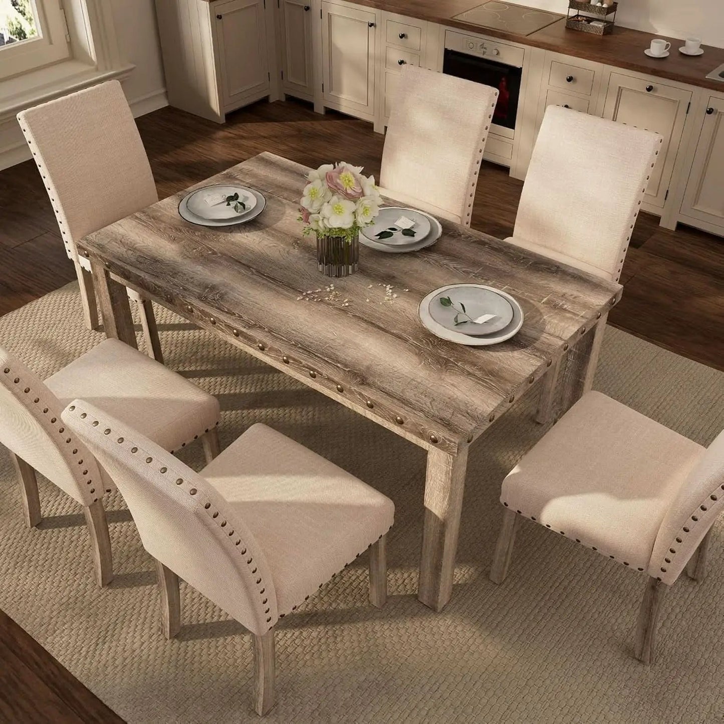 Rustic Dining Table Set Six NailheadAccents Chairs from PriceLows™