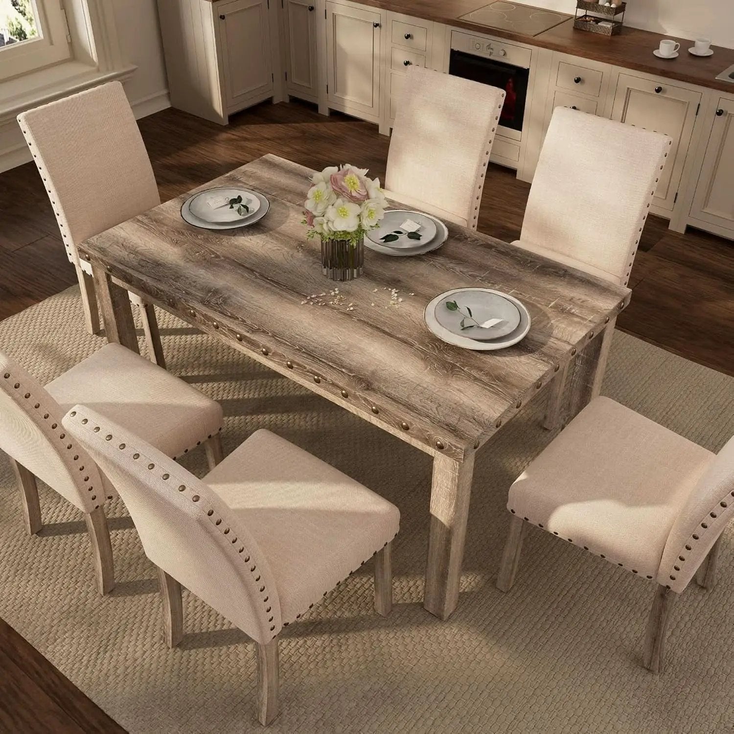 Rustic Dining Table Set Six NailheadAccents Chairs from PriceLows™