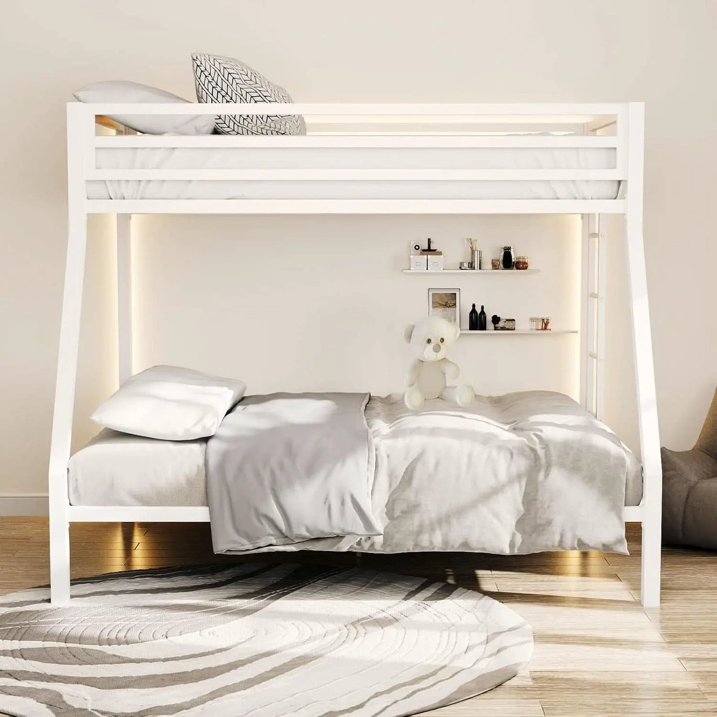 Metal Loft Bunk Bed Twin Over Full Size With Guardrail And Ladder Cream White from PriceLows™