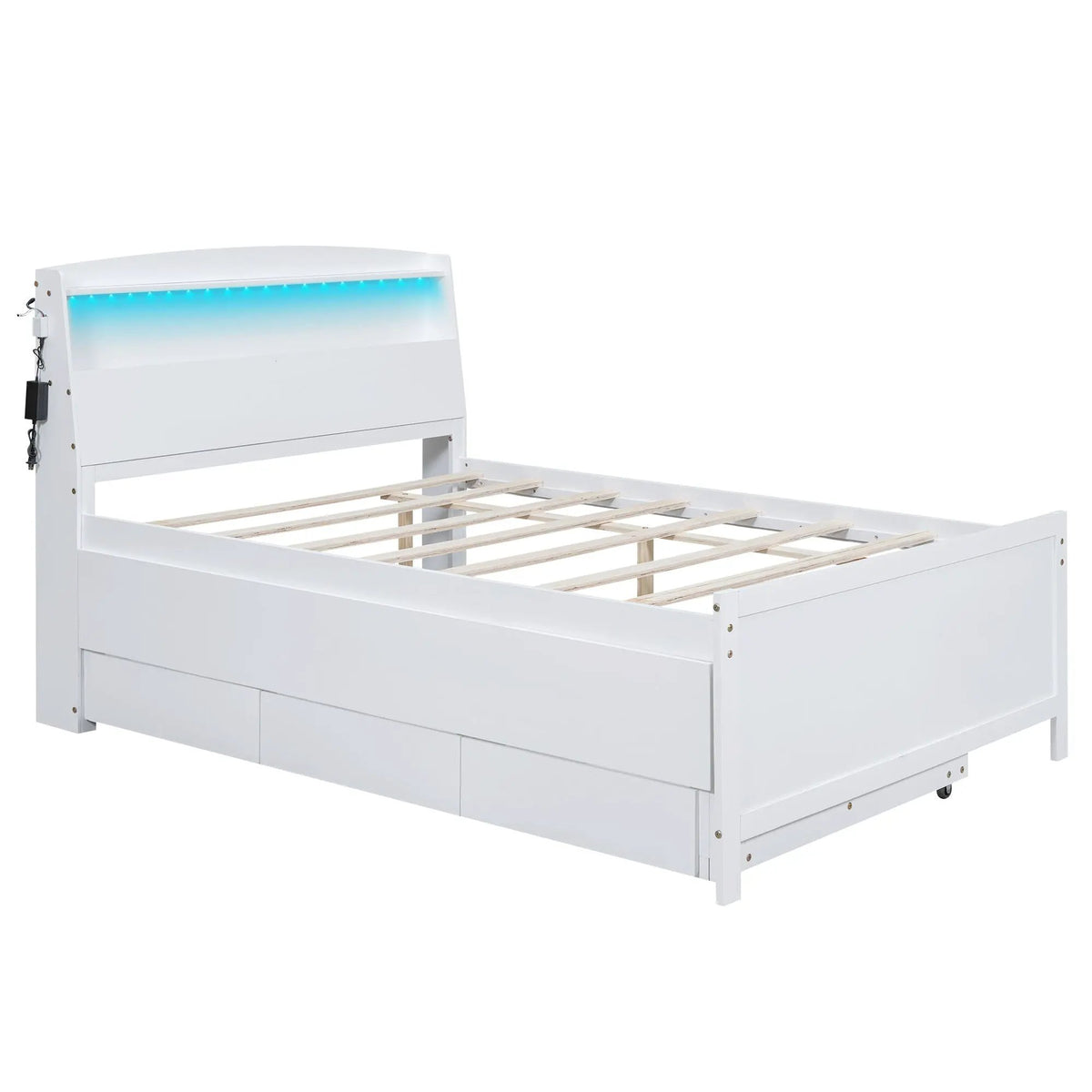 Full Size Platform Bed | LED Headboard Storage | Twin Trundle | 3 Drawers White