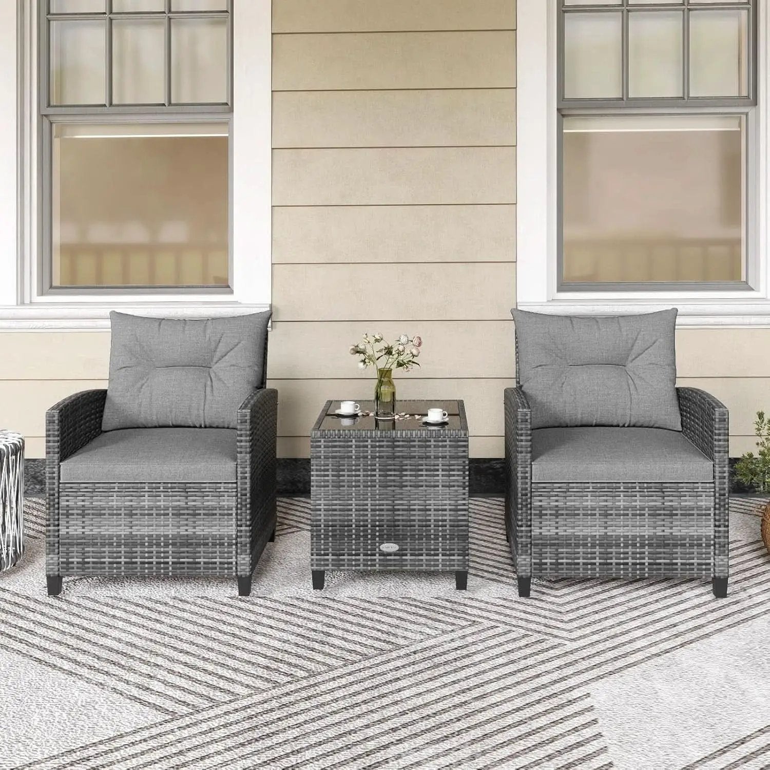 3 Piece Patio Furniture Set Outdoor PE Rattan Conversation Set With Washable Cushions And Tempered Glass Table Grey from PriceLows™