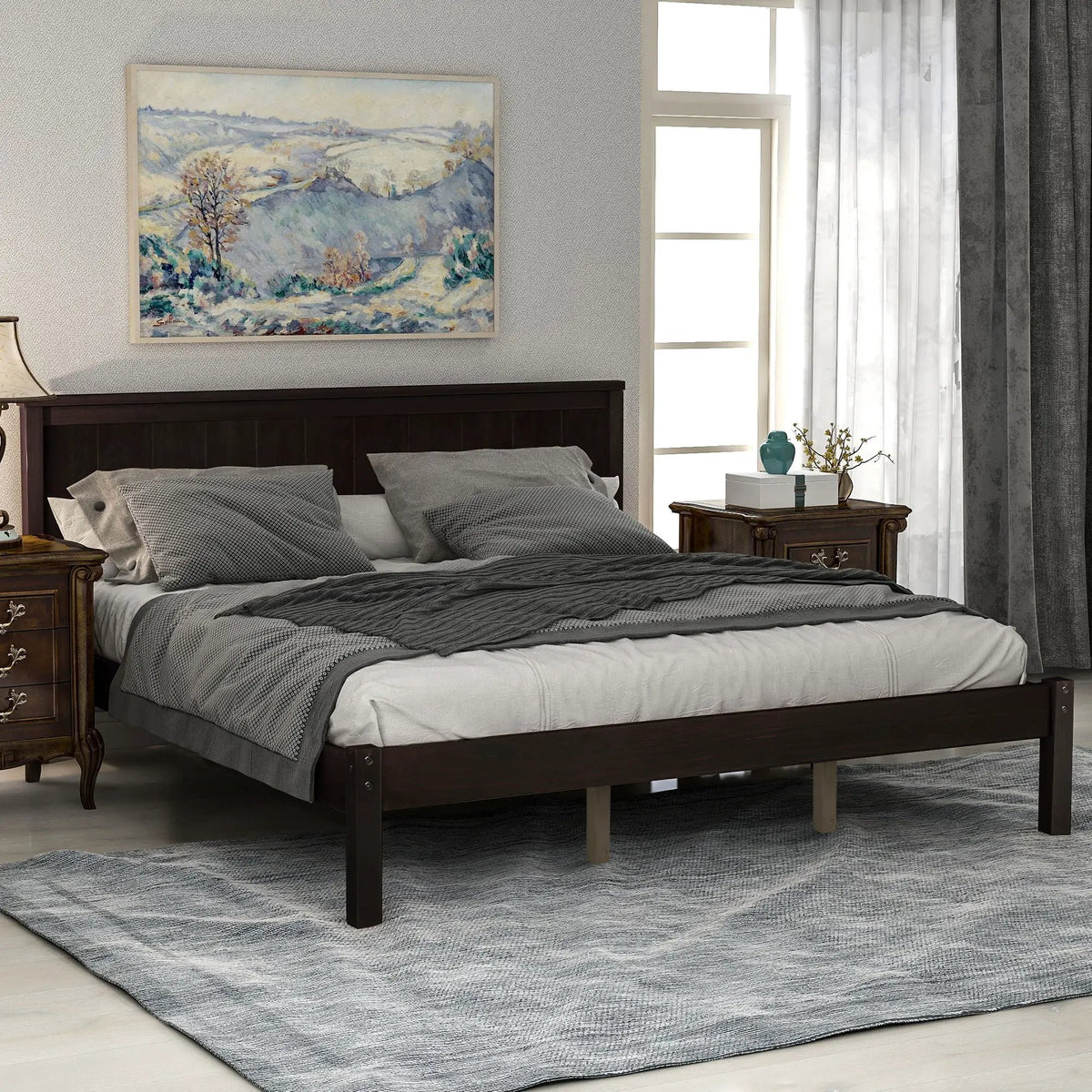 Platform Bed Frame With Headboard | Espresso Finish | Durable Pine Wood