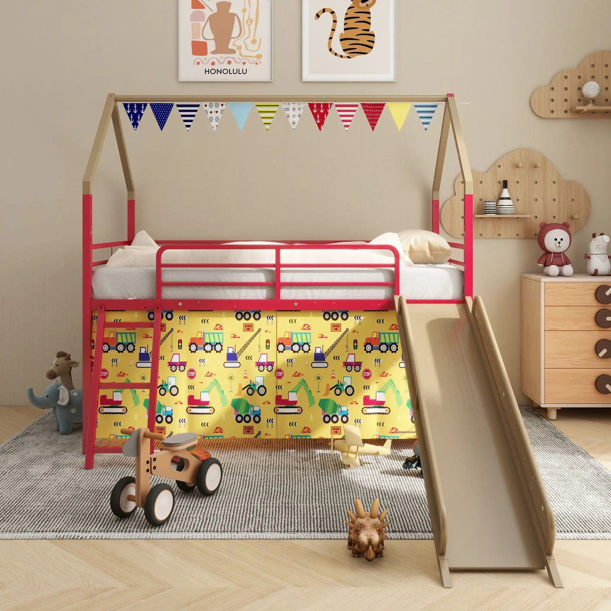 Jack House Loft Bed With Slide And Curtain Set | 5 Pieces | Metal | Bedroom