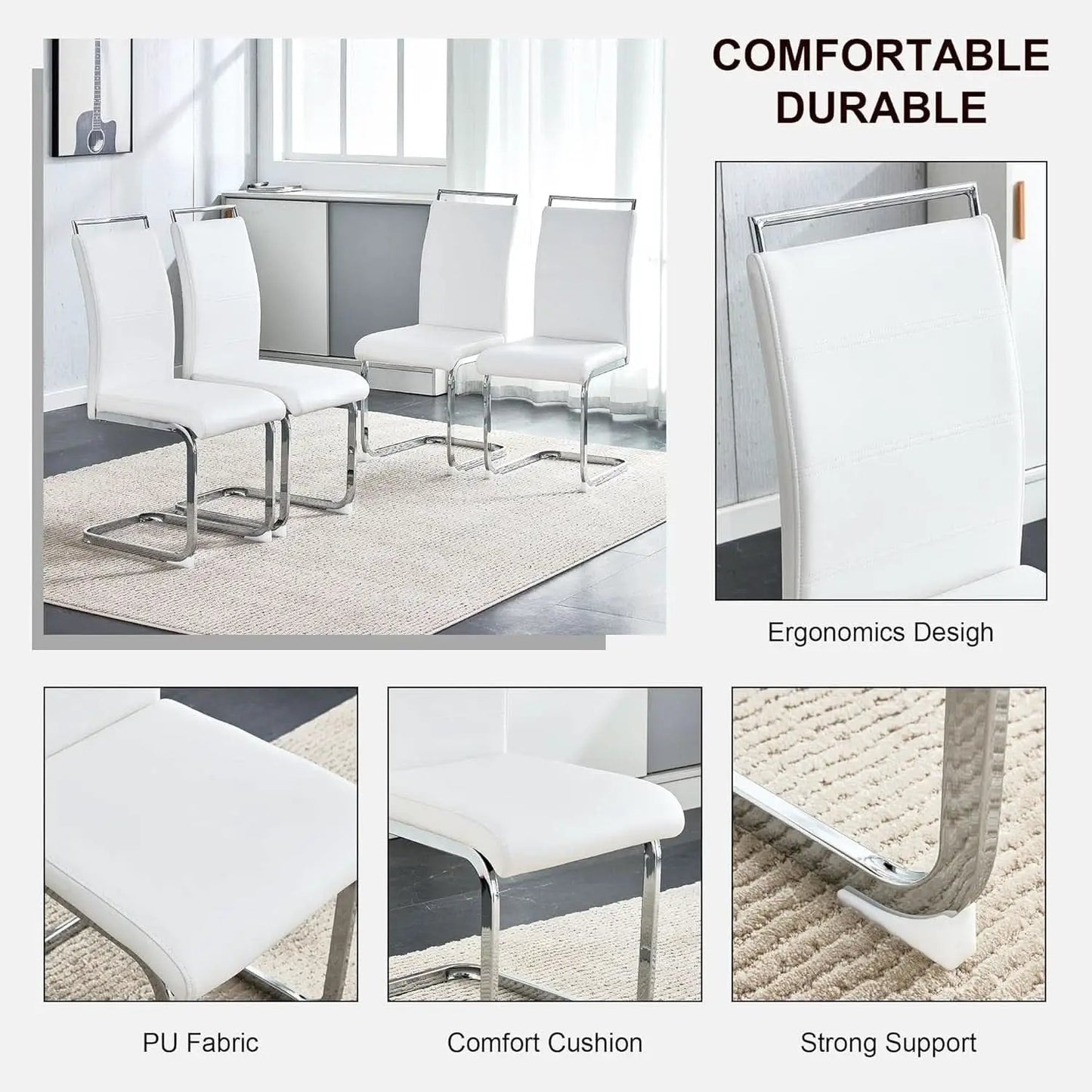 White PU Leather Dining Chair Set High Back Upholstered from PriceLows™