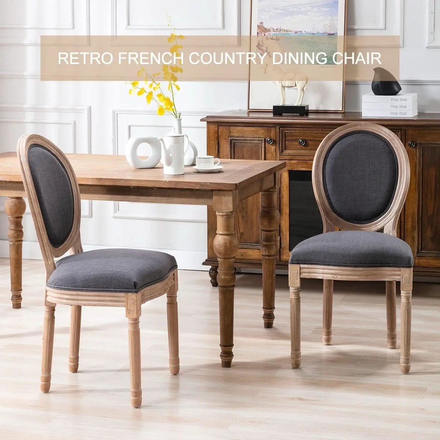 Set Of 4 French Vintage Dining Chairs Solid Wood Frame Tufted Fabric from PriceLows™