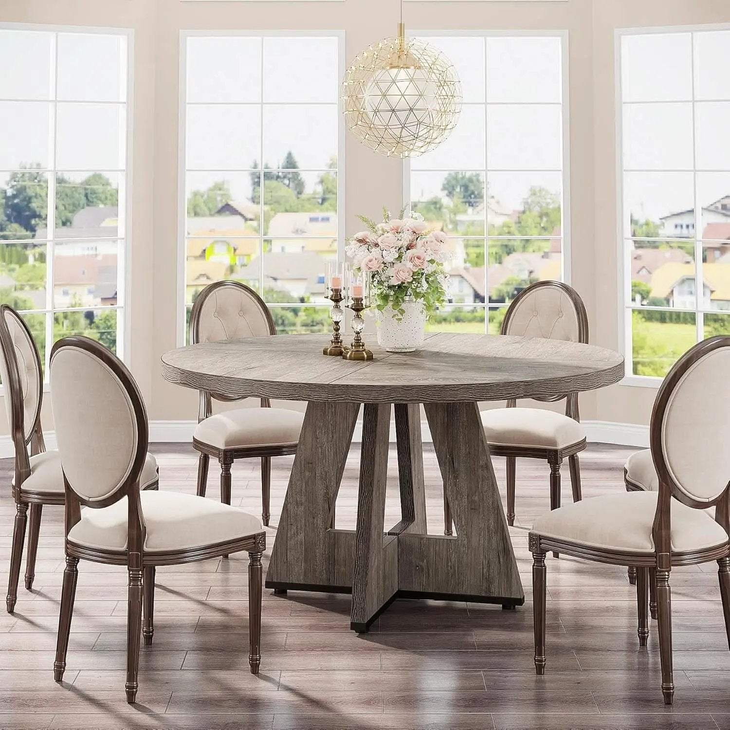 Round Dining Table 47 Inch Wood Farmhouse Grey Kitchen from PriceLows™