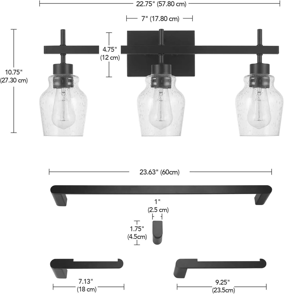 Bathroom Hardware Set | Matte Black | 3 Light Vanity | 5 Piece Kit
