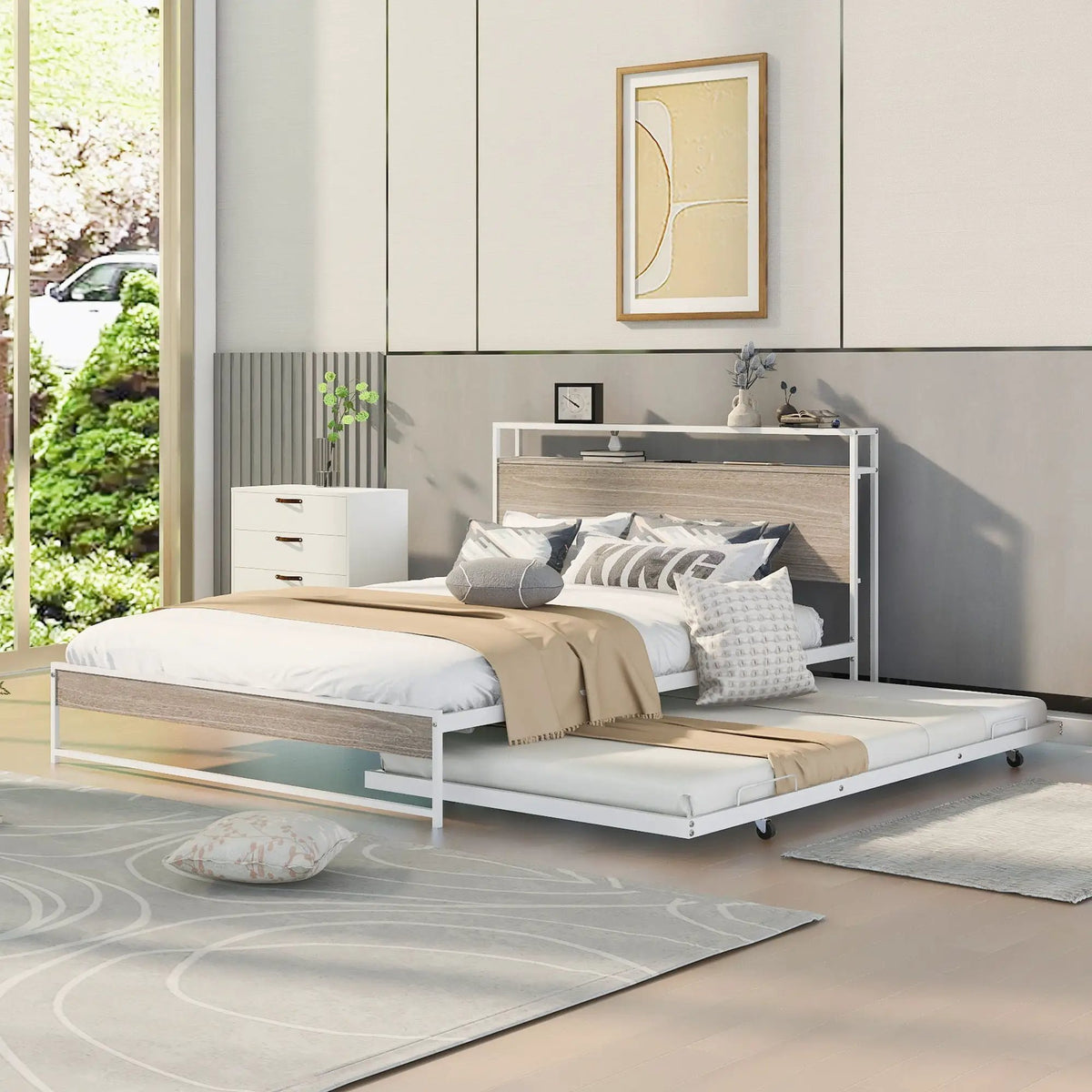 Platform Bed Frame With Trundle | USB Ports | Slat Support | Metal And Wood Build