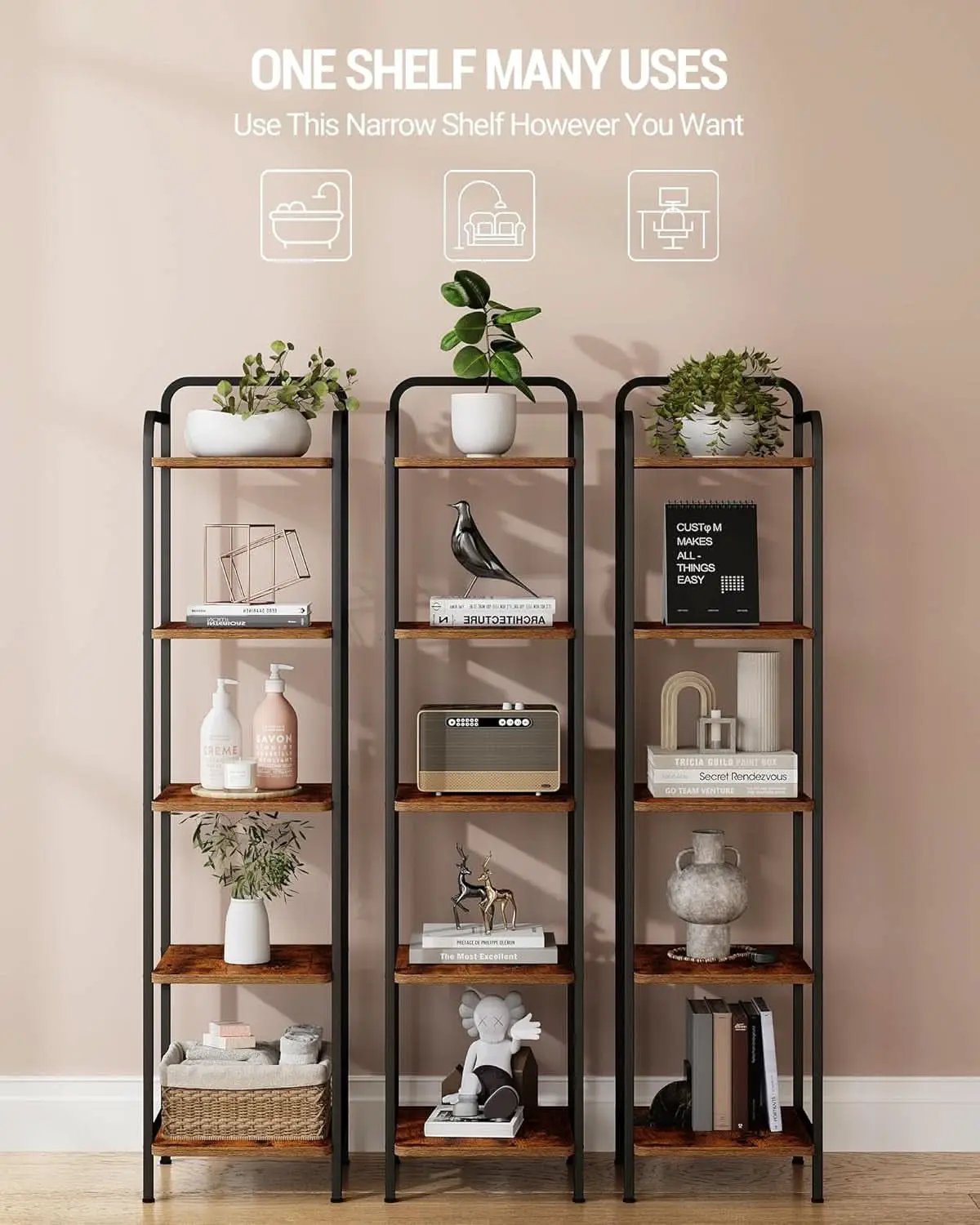 5-Tier Industrial Corner Shelf Narrow Rustic Black Bookcase from PriceLows™