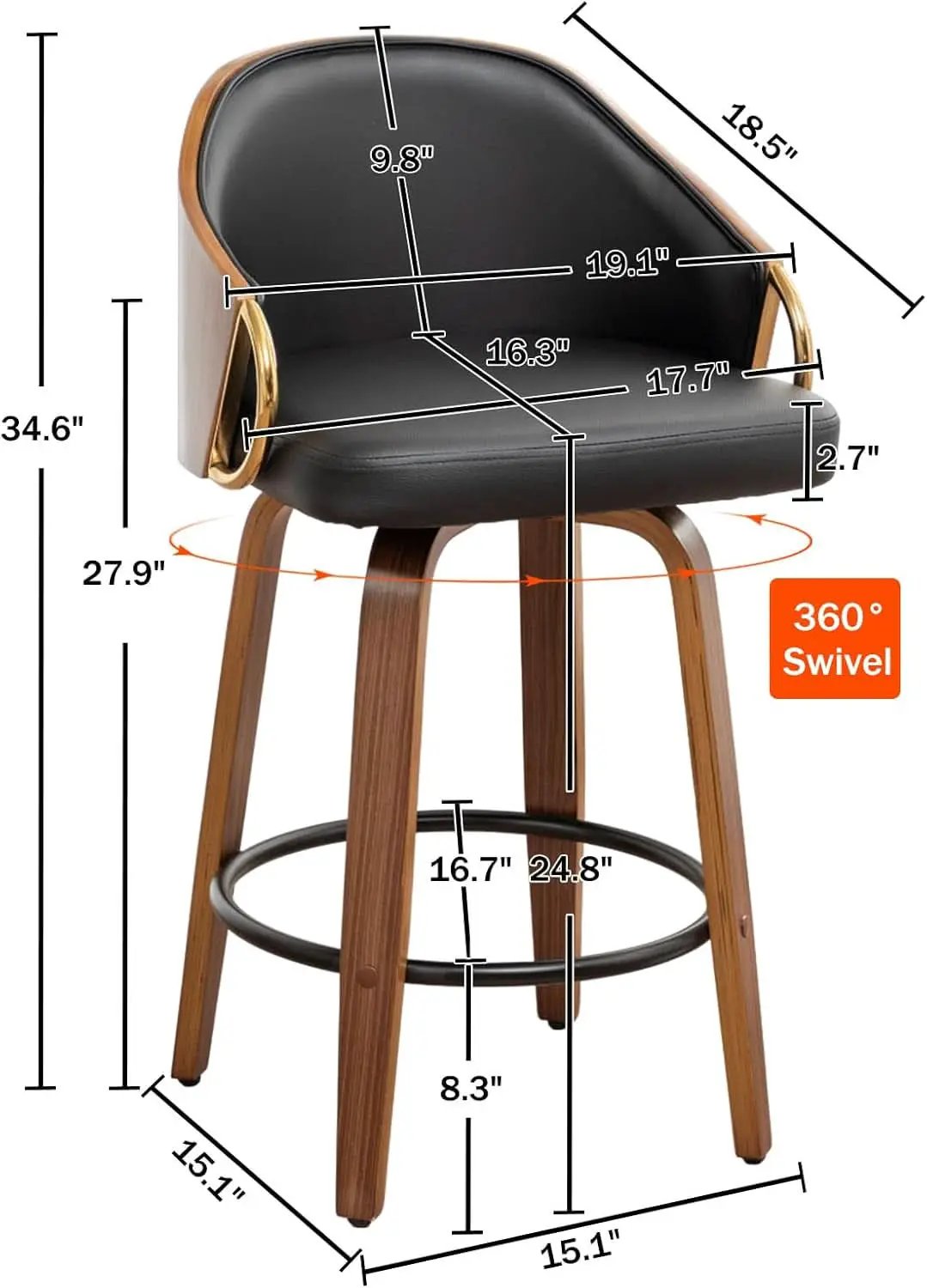 26 Inch Swivel Barstools Set of Two Black Leather from PriceLows™