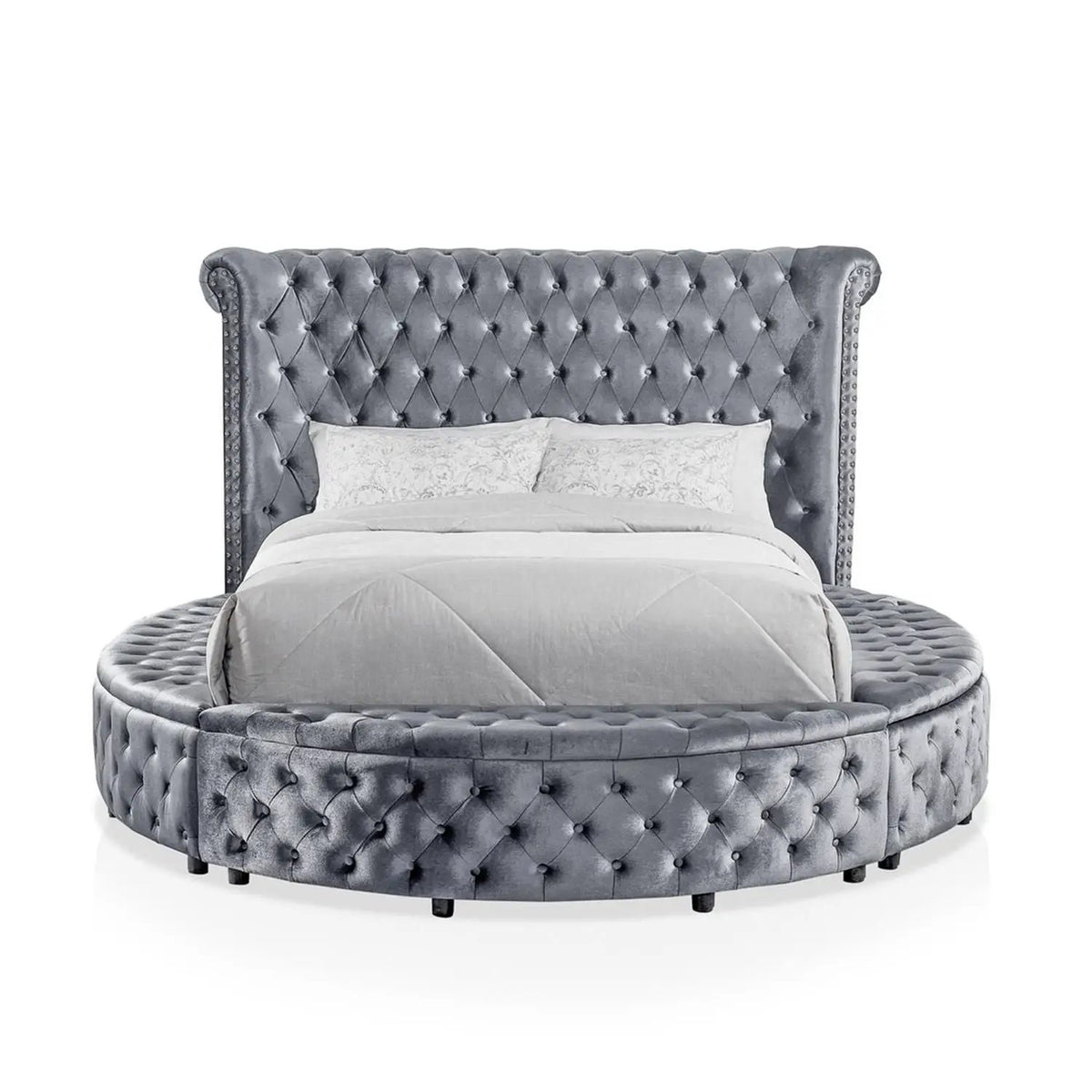 Glam Round Bed | Button Tufted Wingback Headboard | Storage | USB Ports
