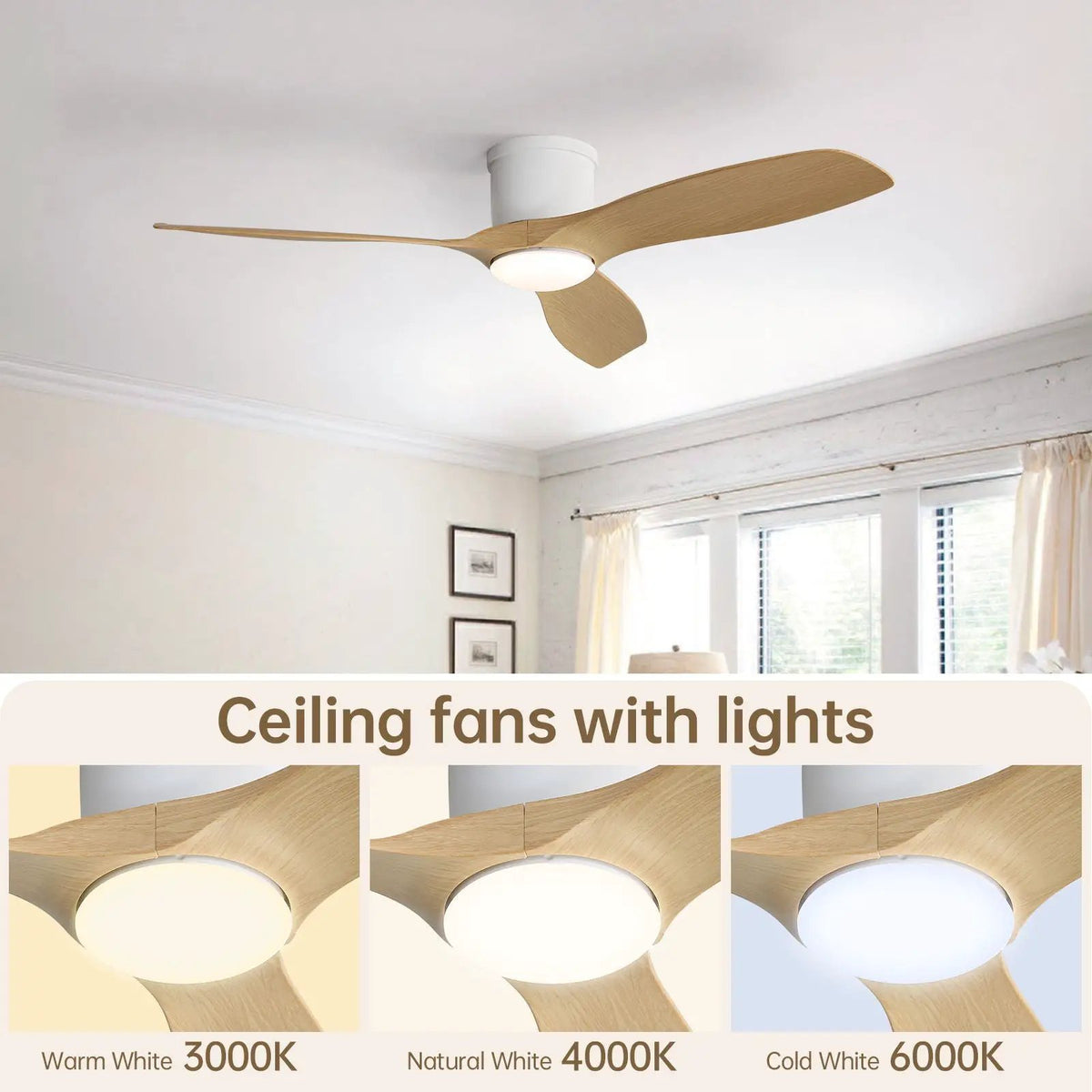 Flush Mount Ceiling Fan | 52 Inch Span | Dimmable LED Light | 3 Blades Reversible DC Motor