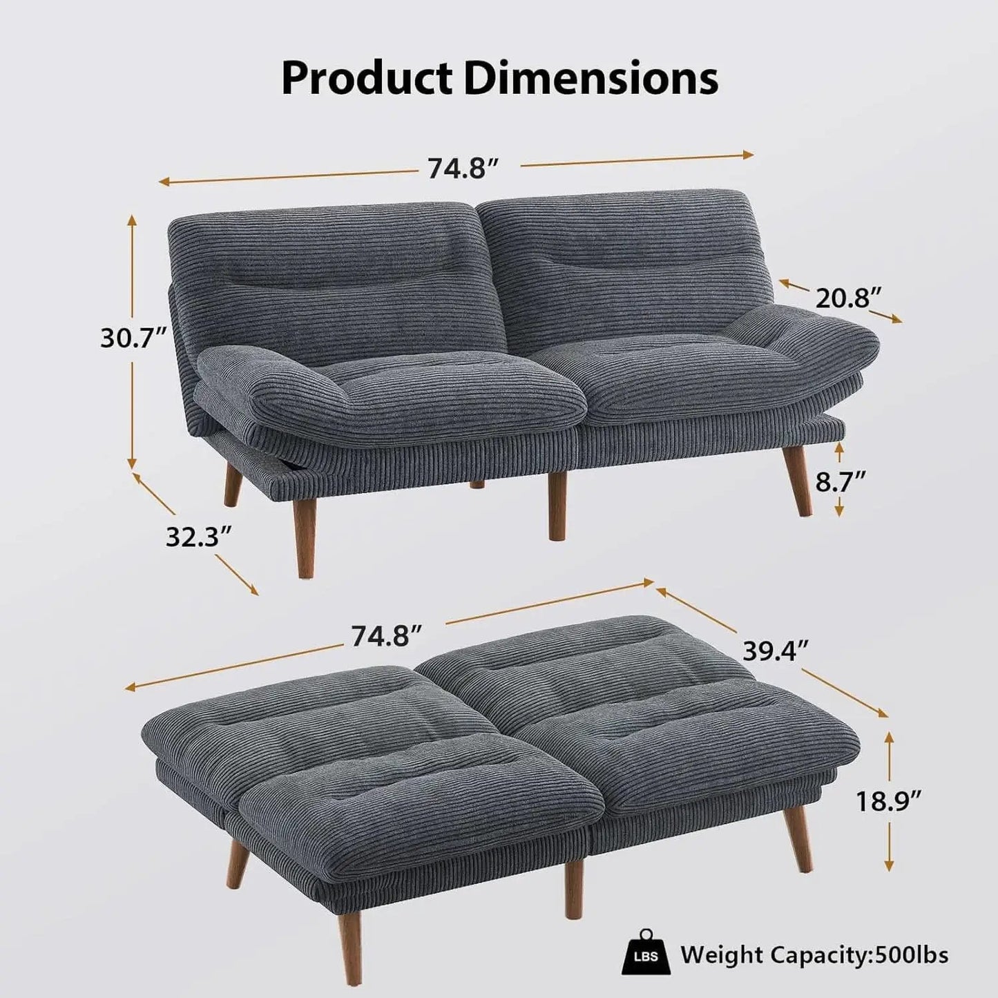 Corduroy Grey 73In Adjustable Backrest Futon SofaBed from PriceLows™