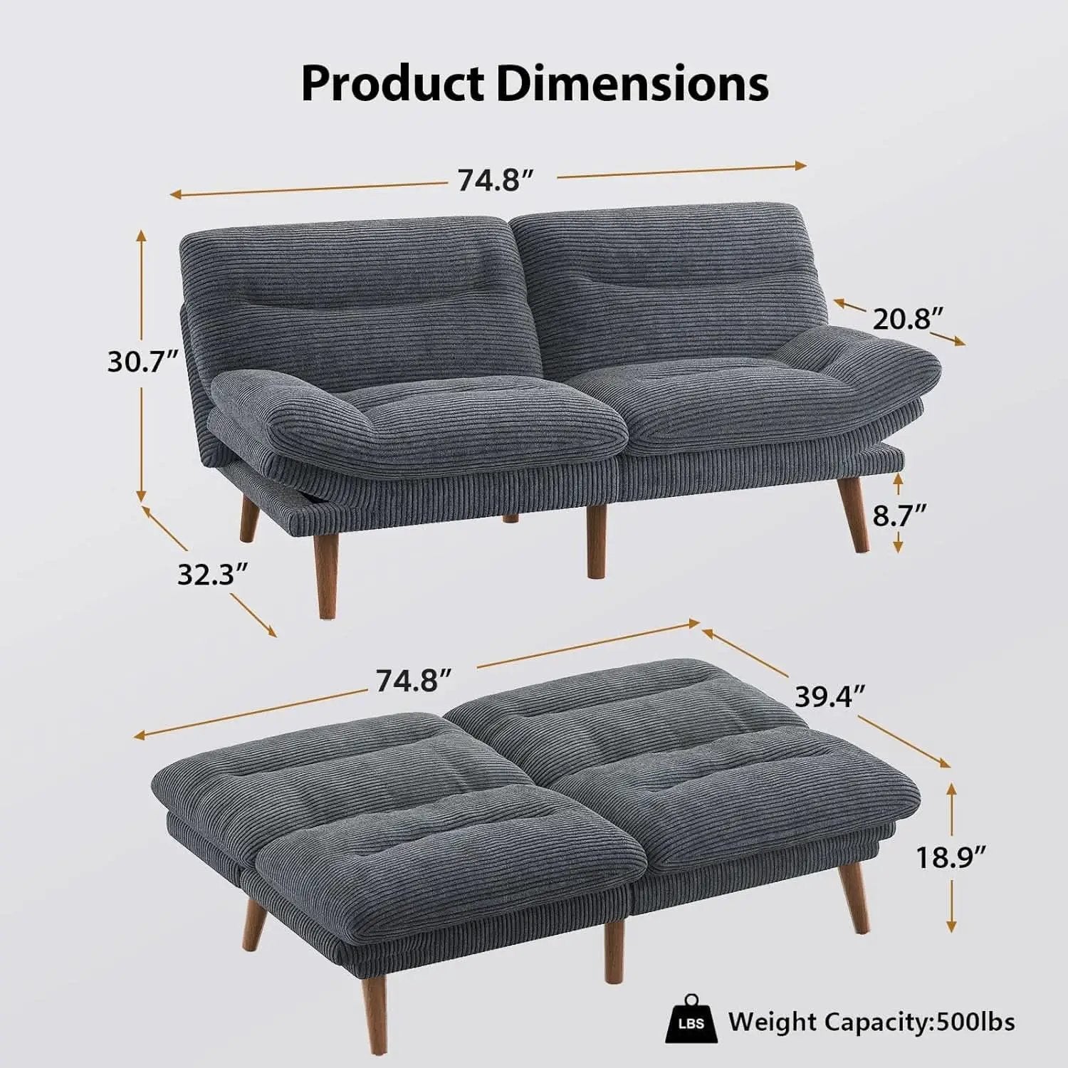 Corduroy Grey 73In Adjustable Backrest Futon SofaBed from PriceLows™
