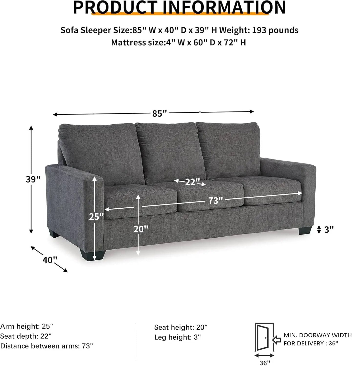 Queen Memory Foam Convertible Sofa Sleeper Charcoal from PriceLows™