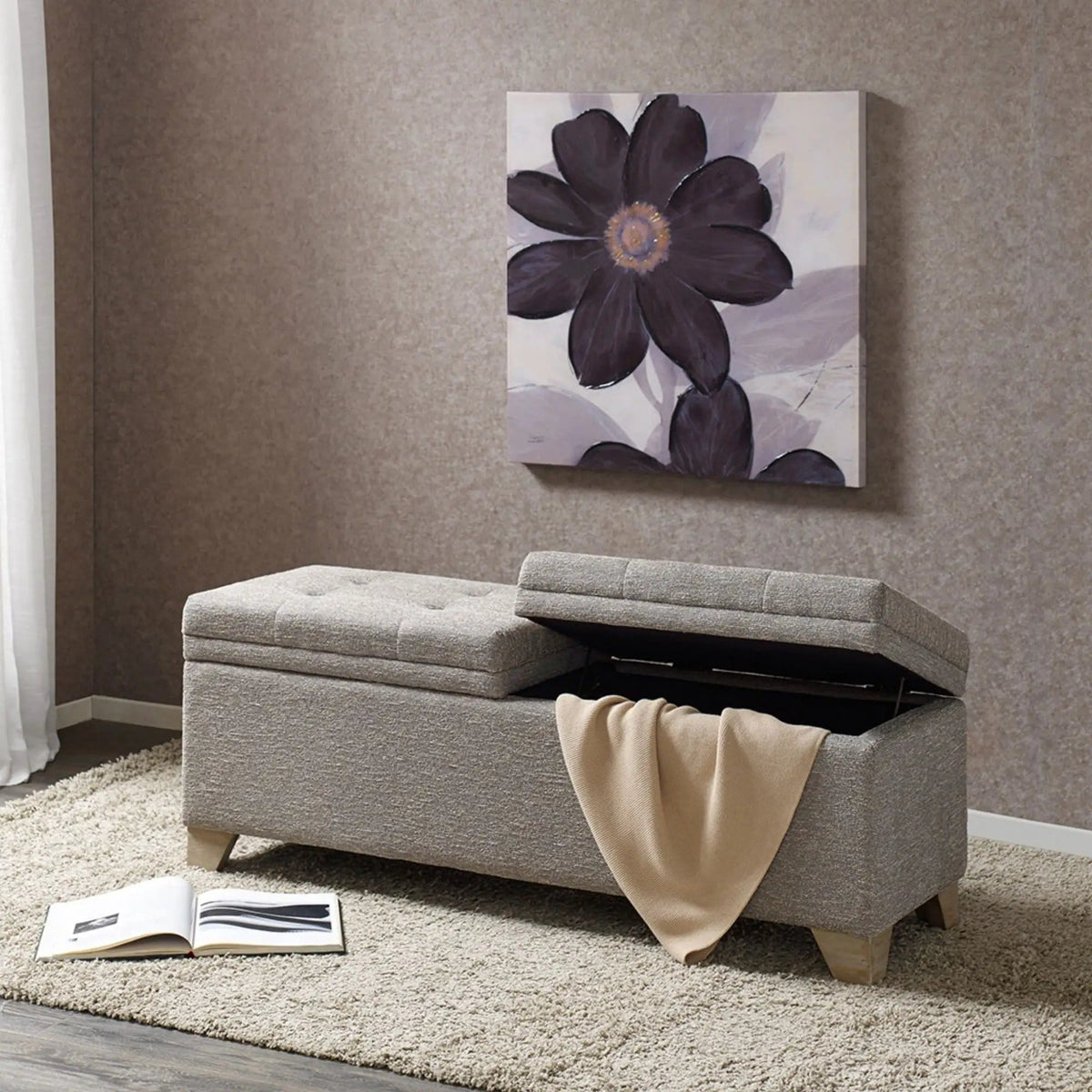 Soft Close Upholstered Storage Bench, Convenient Design | 52.5 x 17.5 x 19.69 in | Solid Wood & Plywood | Home