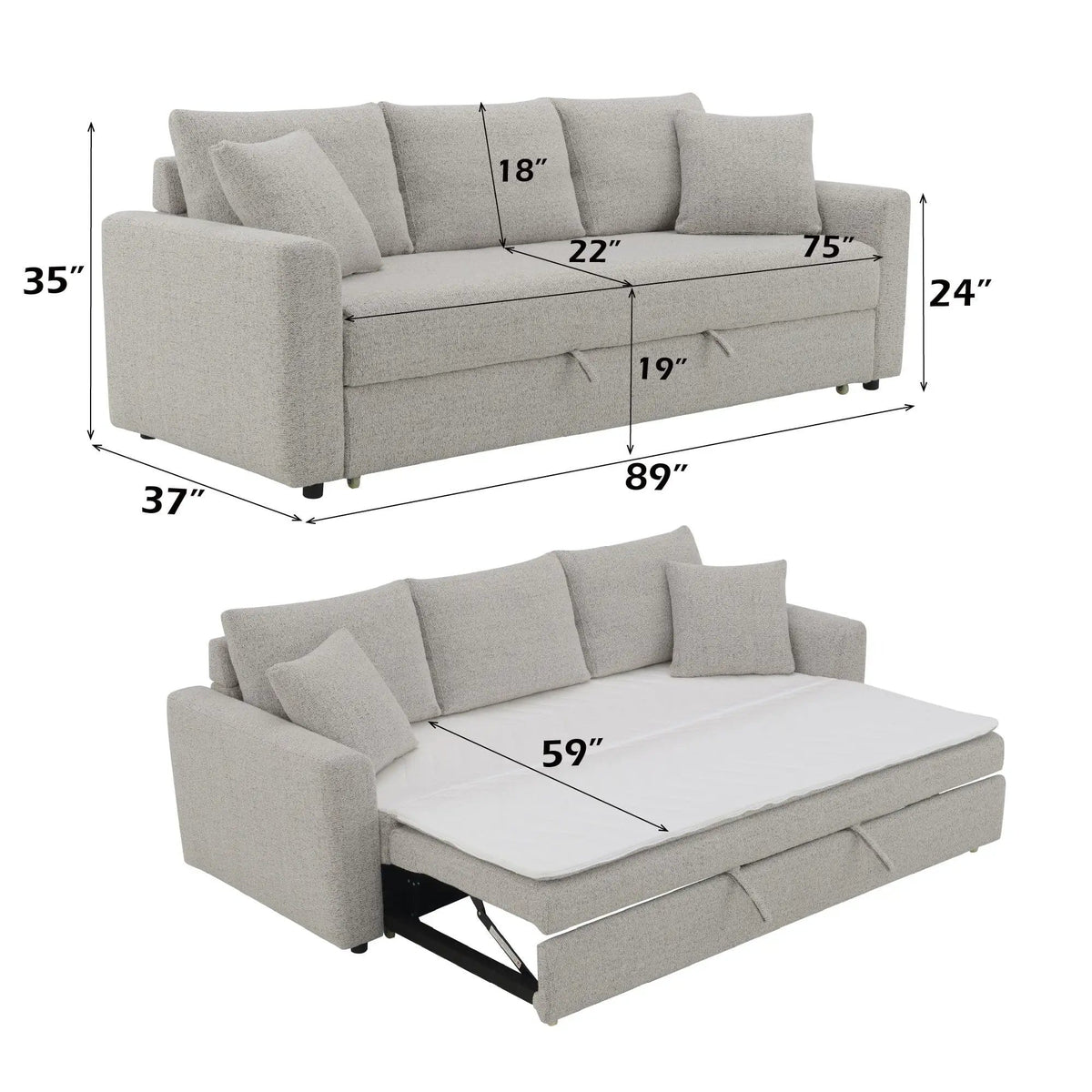 Connie Boucle Sleeper Sectional Sofa With 2 Toss Pillows | 37 x 89 x 35 in | Boucle & Fabric | Beige