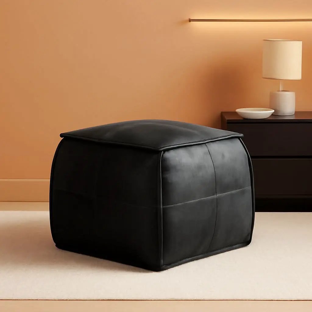 Genuine Full Grain Leather Ottoman Memory Foam Pouf Black from PriceLows™