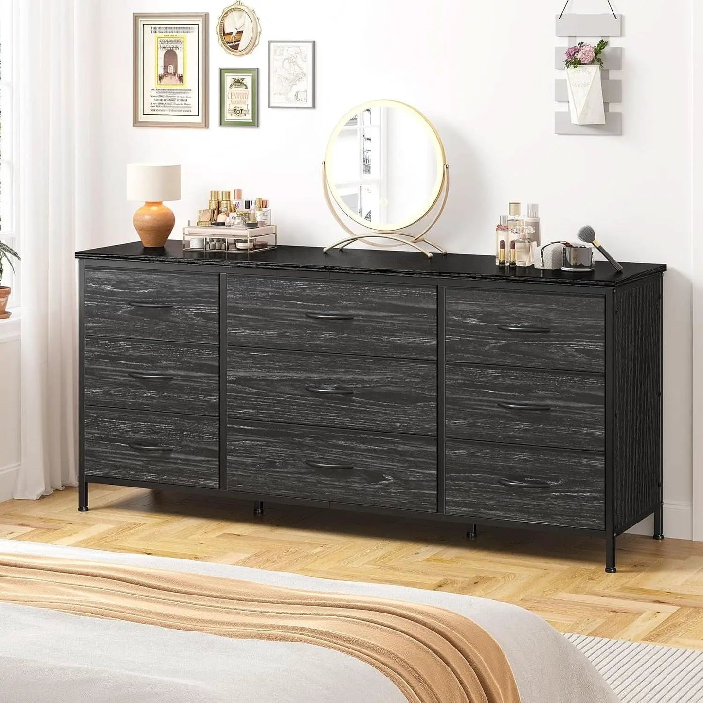 Dresser TV Stand for 60 Inch TV, 9 Drawer, Charcoal Black from PriceLows™