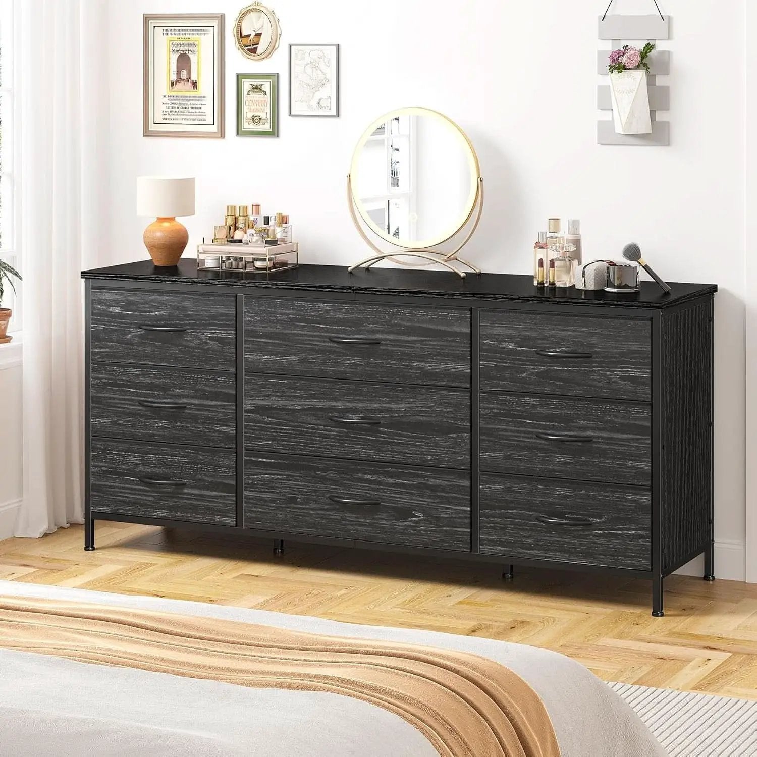 Dresser TV Stand for 60 Inch TV, 9 Drawer, Charcoal Black from PriceLows™
