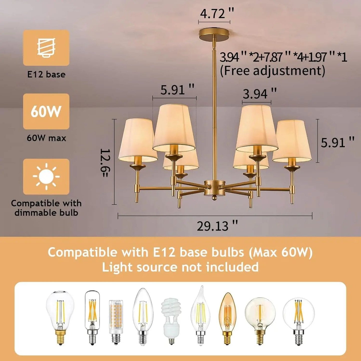 Gold Farmhouse Chandelier 6 Light Linen Shade Fixture from PriceLows™