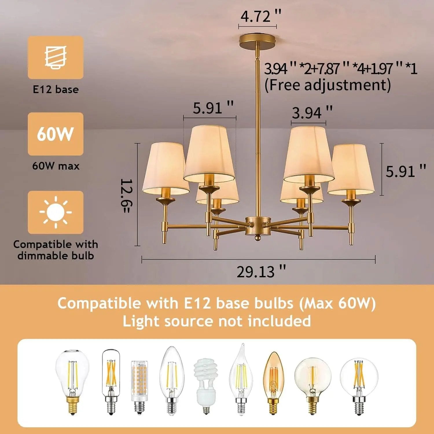 Gold Farmhouse Chandelier 6 Light Linen Shade Fixture from PriceLows™