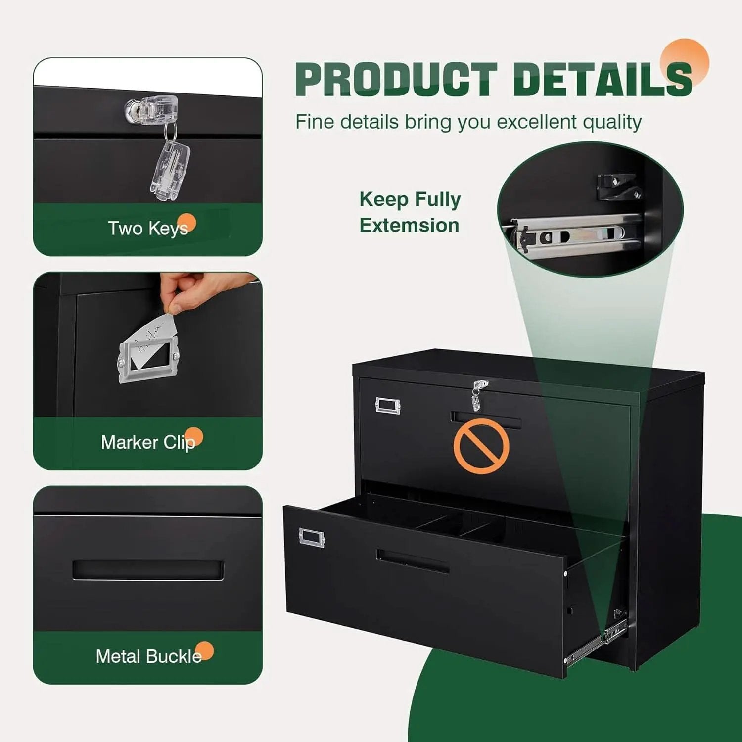 Metal Lateral File Cabinet With Lock 2 Drawer Black Steel from PriceLows™
