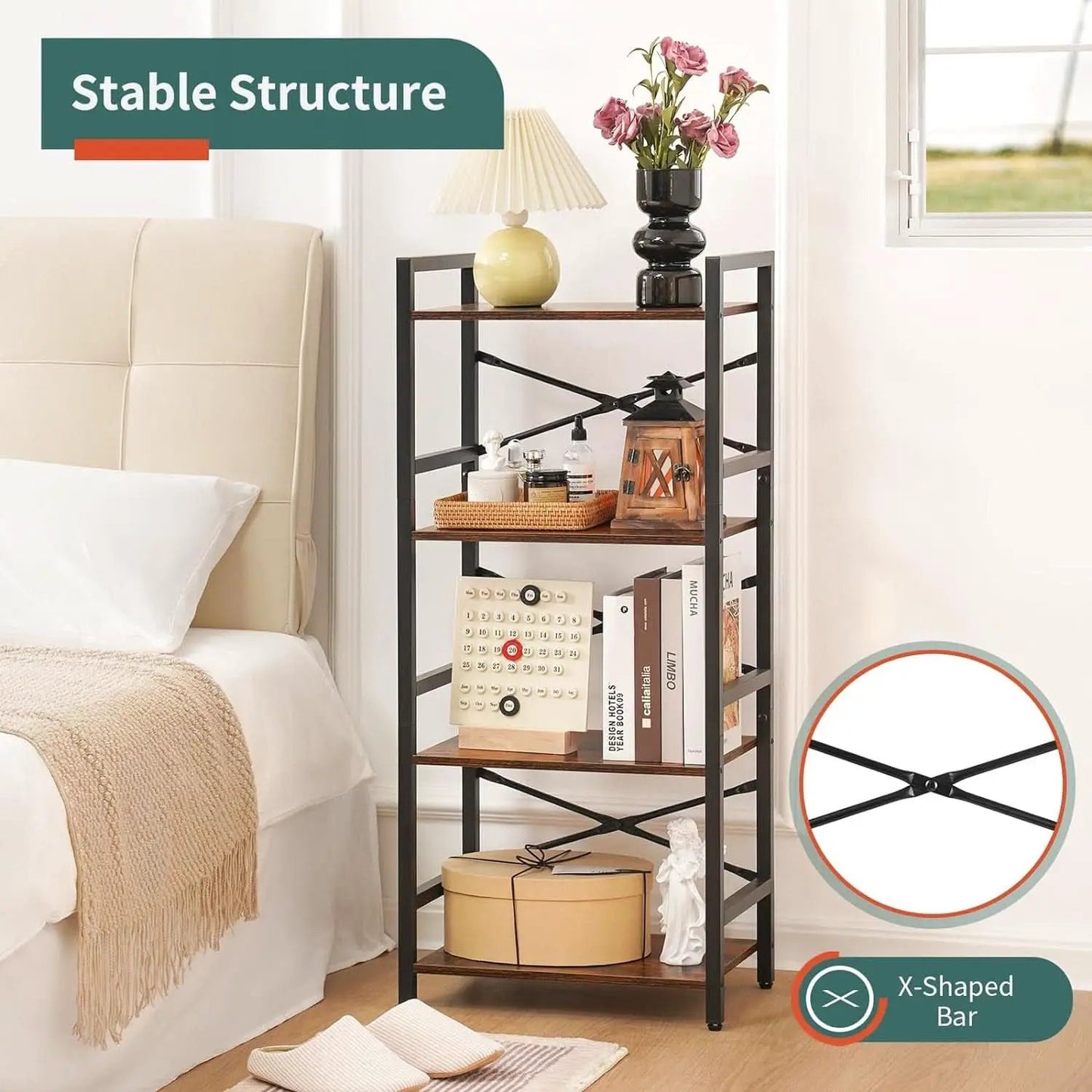 Industrial 4 Tier Narrow Bookcase Berry Brown Space Saving from PriceLows™
