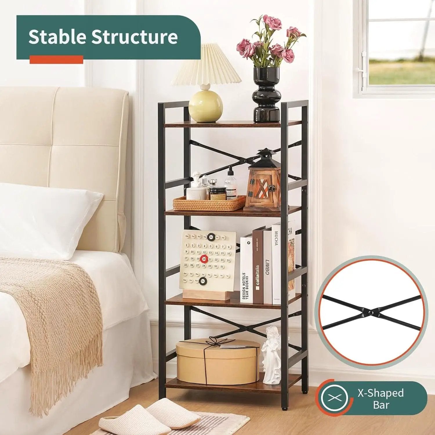 Industrial 4 Tier Narrow Bookcase Berry Brown Space Saving from PriceLows™