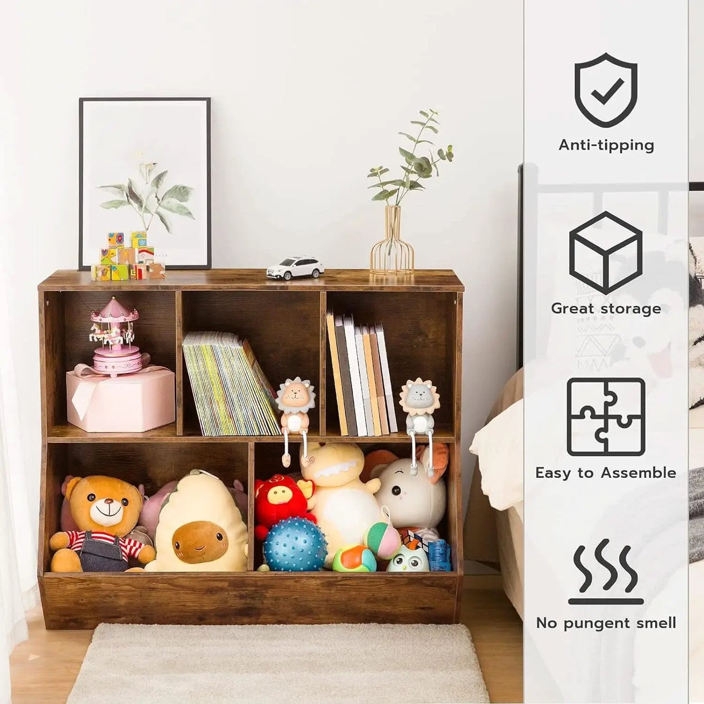 Kids Bookshelf With Toy Storage Cubby 35.4 Inch Rustic Brown from PriceLows™