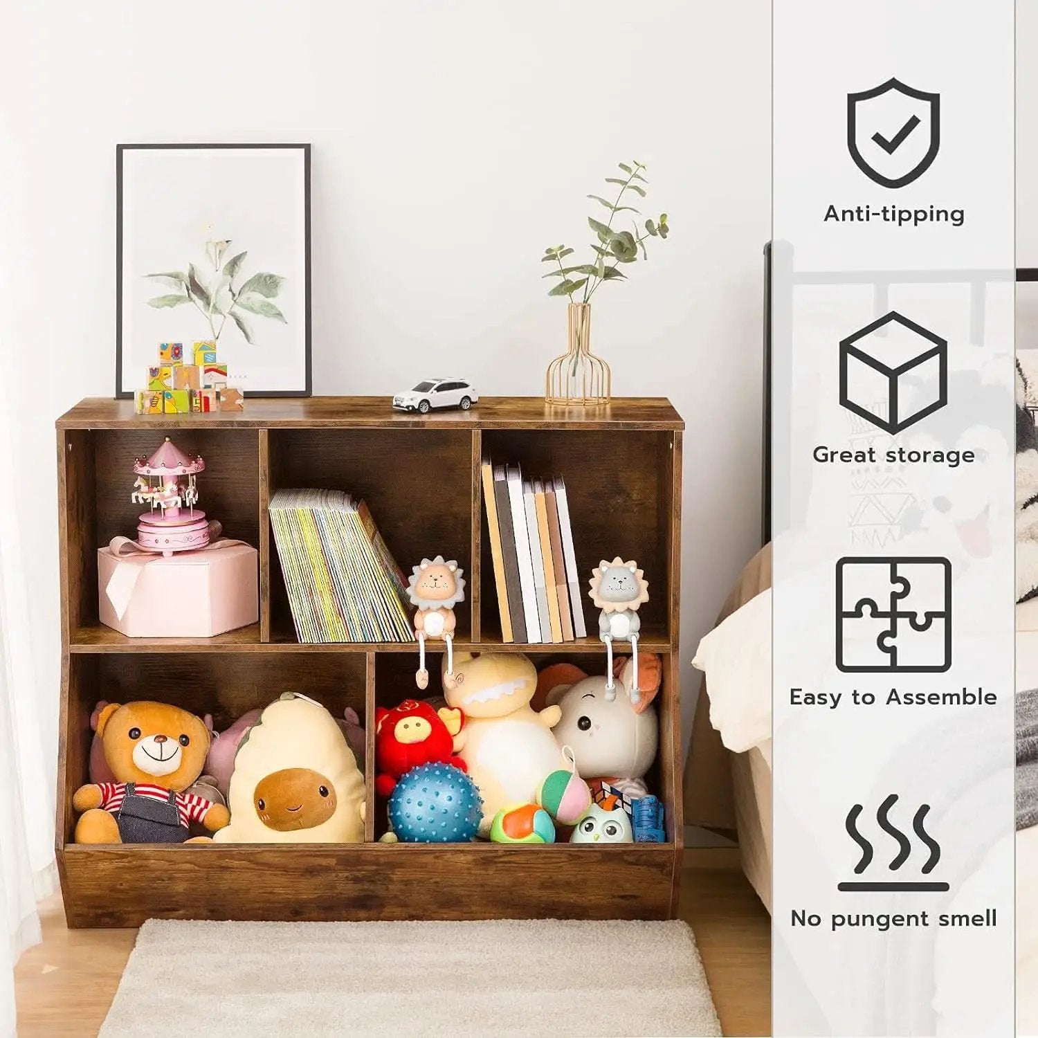 Kids Bookshelf With Toy Storage Cubby 35.4 Inch Rustic Brown from PriceLows™
