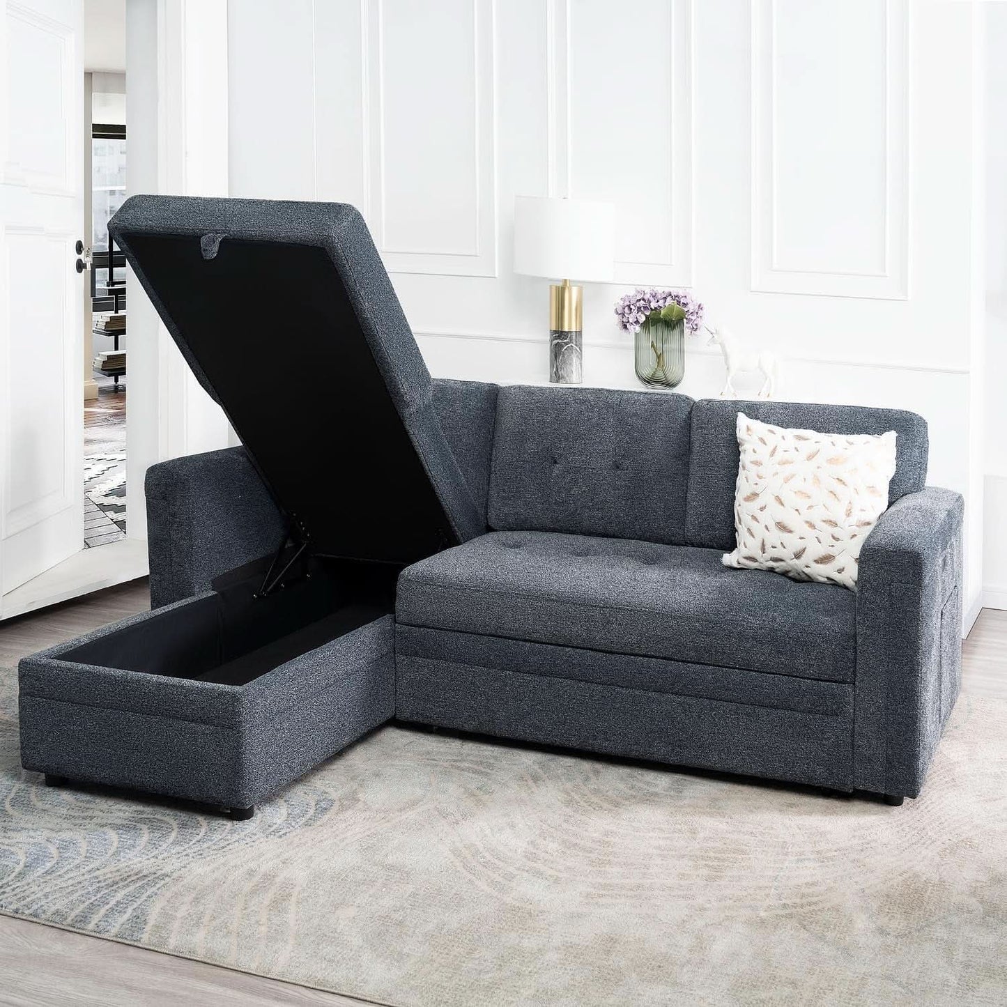 Gray Microfiber L Shape Sleeper Sofa With USB Ports Storage from PriceLows™
