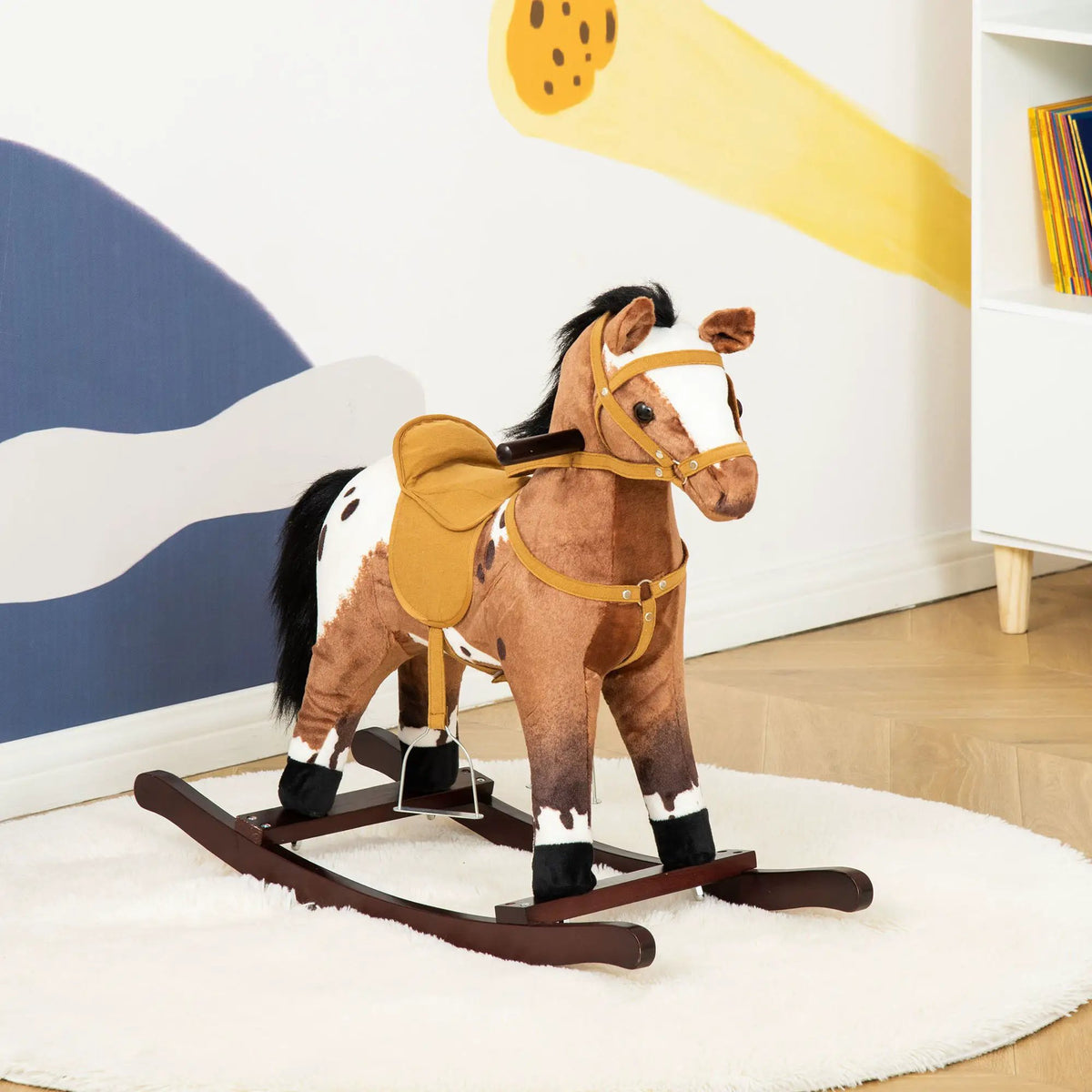 Qaba Plush Ride-On Rocking Horse | Kids Metal Frame | Realistic Sounds | Dark Brown And White