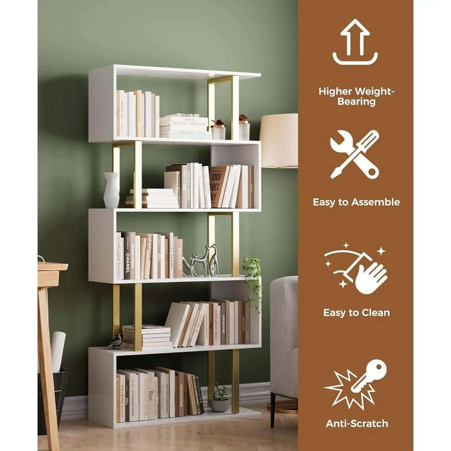 Gold 5 Tier S Shaped Wooden Bookcase For Living Room from PriceLows™