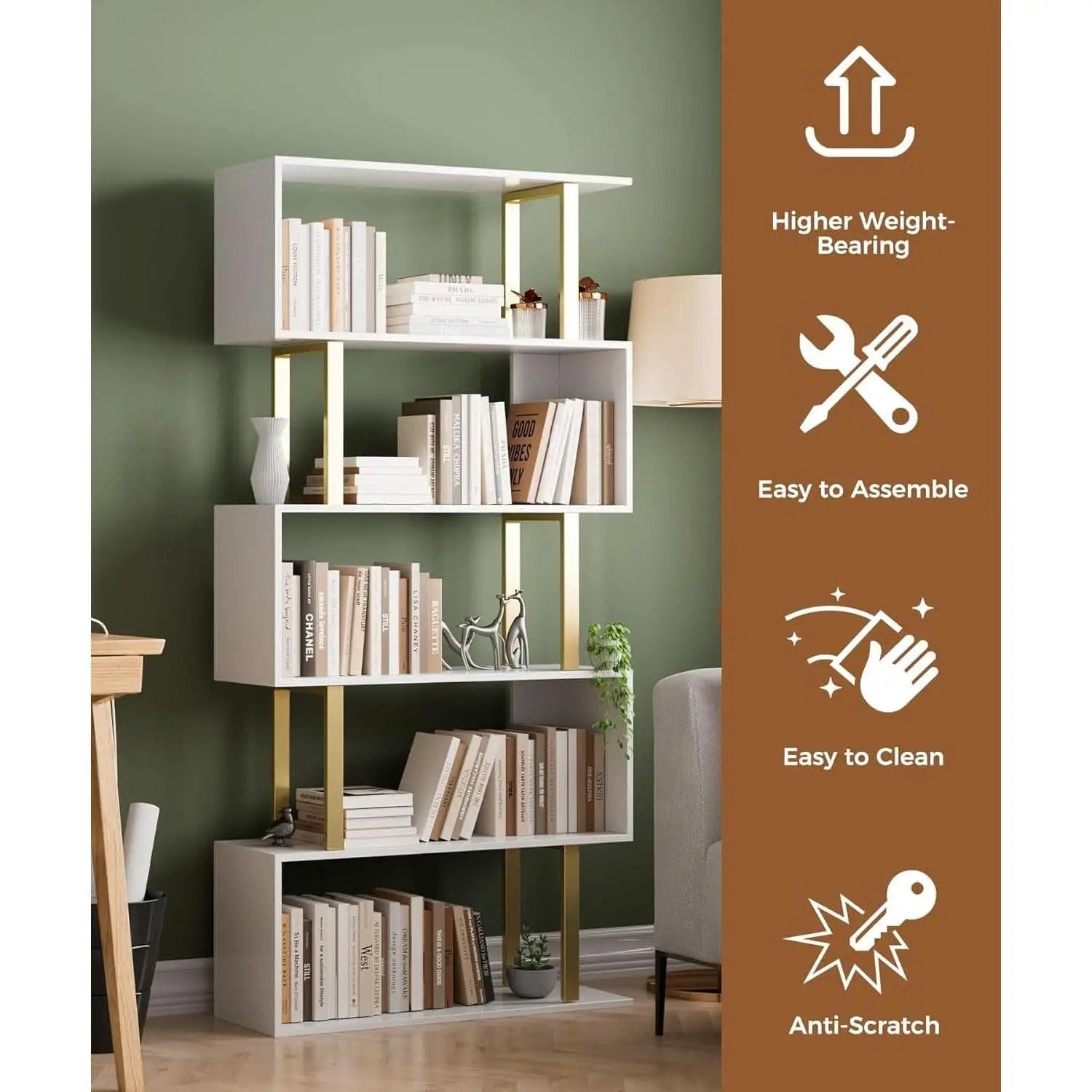 Gold 5 Tier S Shaped Wooden Bookcase For Living Room from PriceLows™