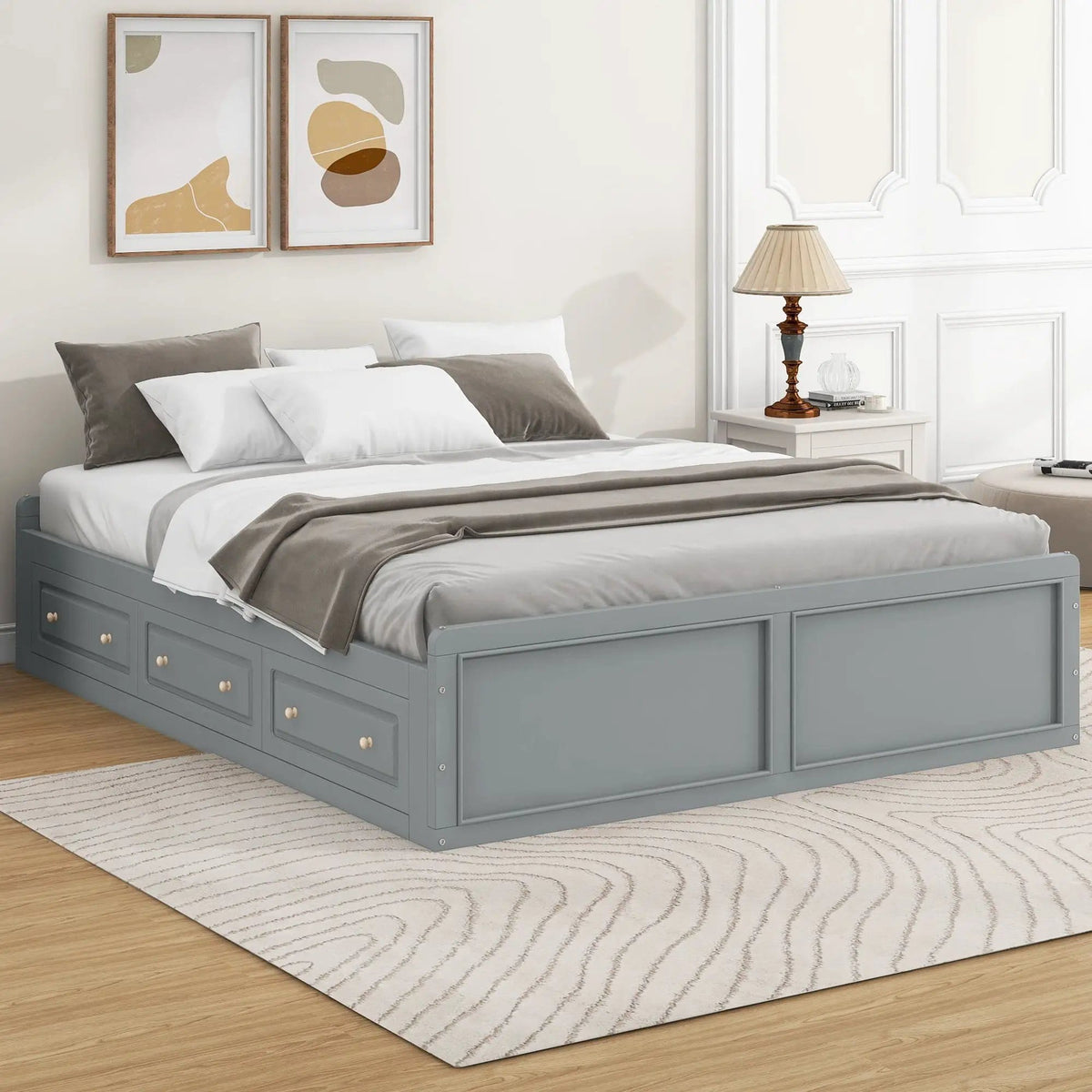 Queen Size Platform Bed Frame With 6 Drawers - | 81.7 x 62.2 x 17.7 in | Pine Wood & Mdf | Gray