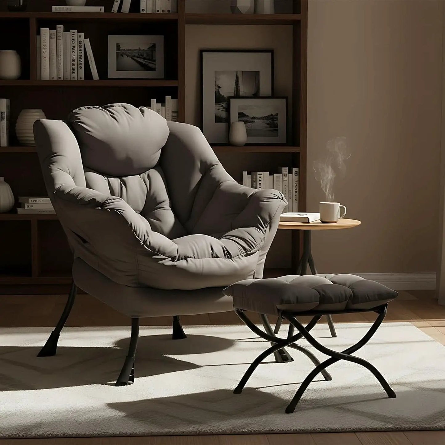 Dark Grey Lazy Chair With Ottoman Footrest And Side Pocket from PriceLows™