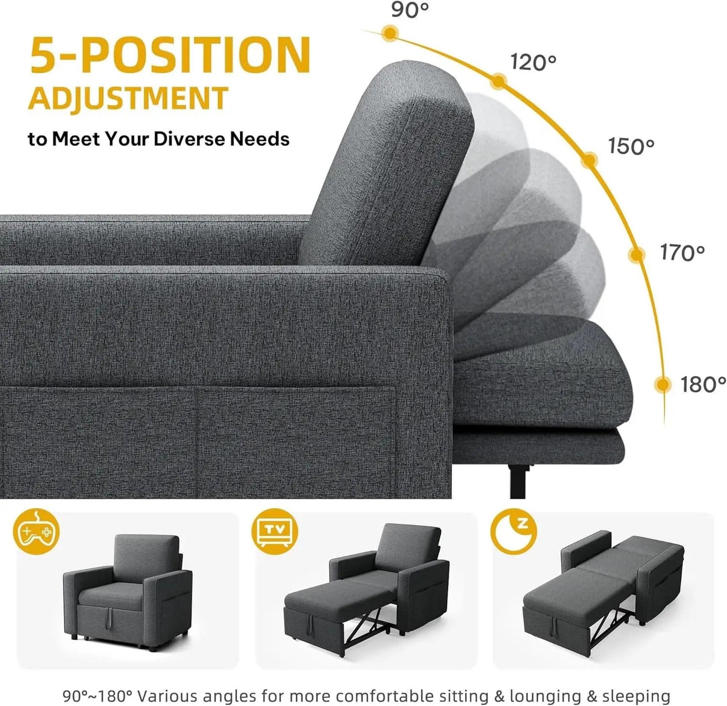SlateGray Convertible Sleeper Sofa Bed With Armrests from PriceLows™