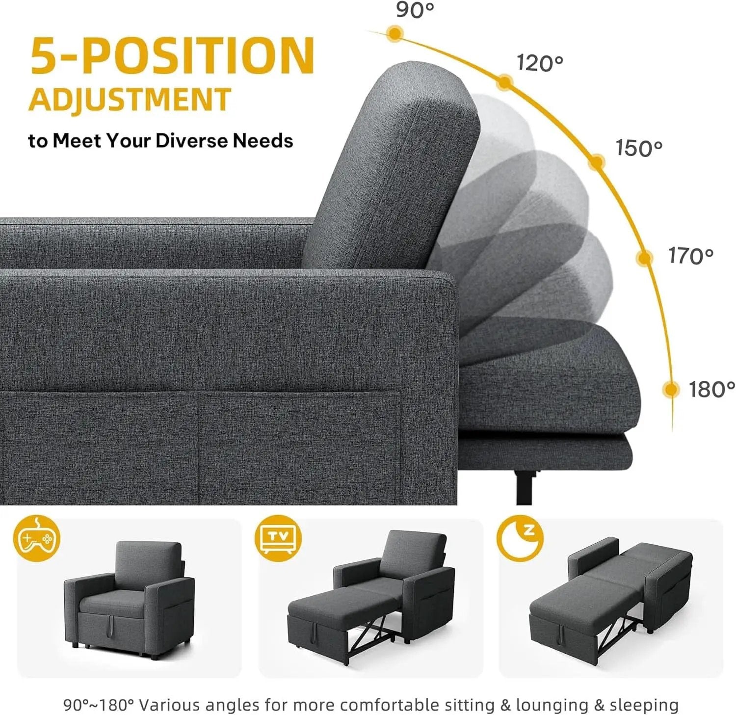 SlateGray Convertible Sleeper Sofa Bed With Armrests from PriceLows™