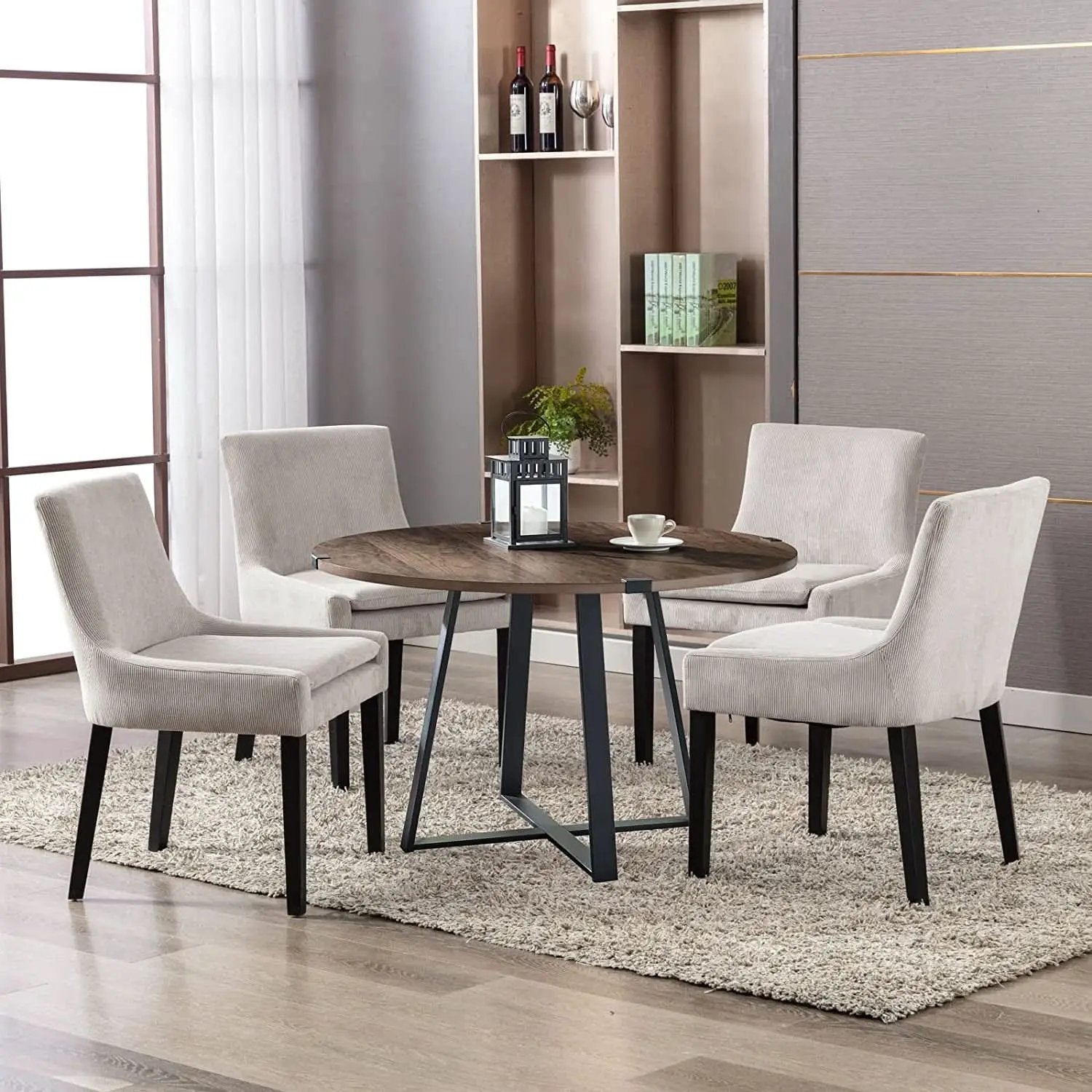 Beige Corduroy Dining Chairs With Wood Legs Set Of 6 from PriceLows™