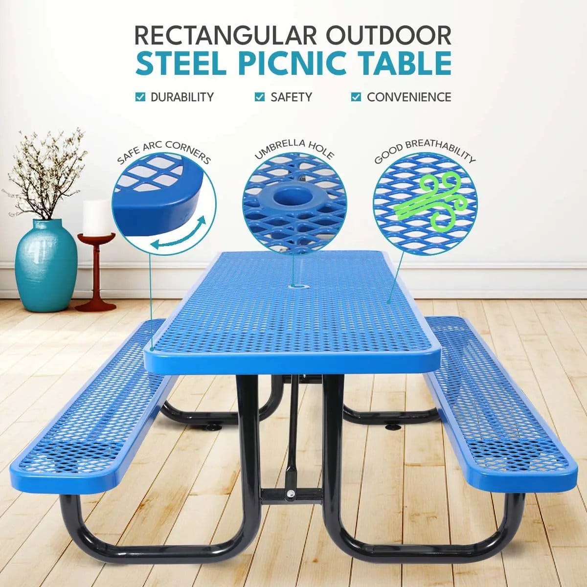 Outdoor Steel Picnic Rectangular Table With Umbrella Pole | 3 Pieces | Steel & Metal | Dining Room