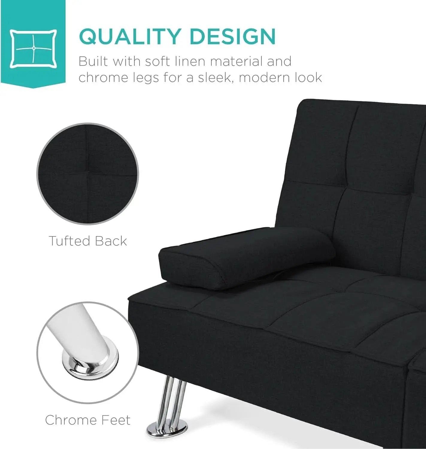 Black Linen Folding Futon Recliner With Cupholders from PriceLows™