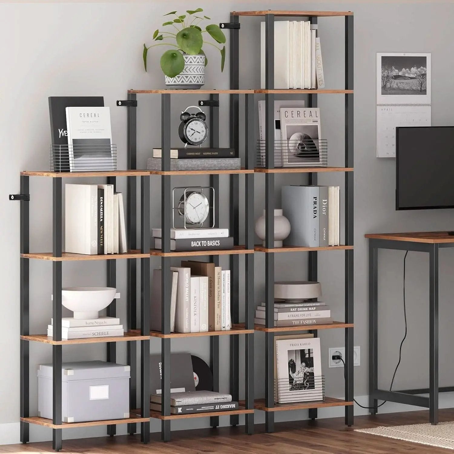 Six Tier Tall Bookshelf Narrow Rustic Brown Bookcase from PriceLows™