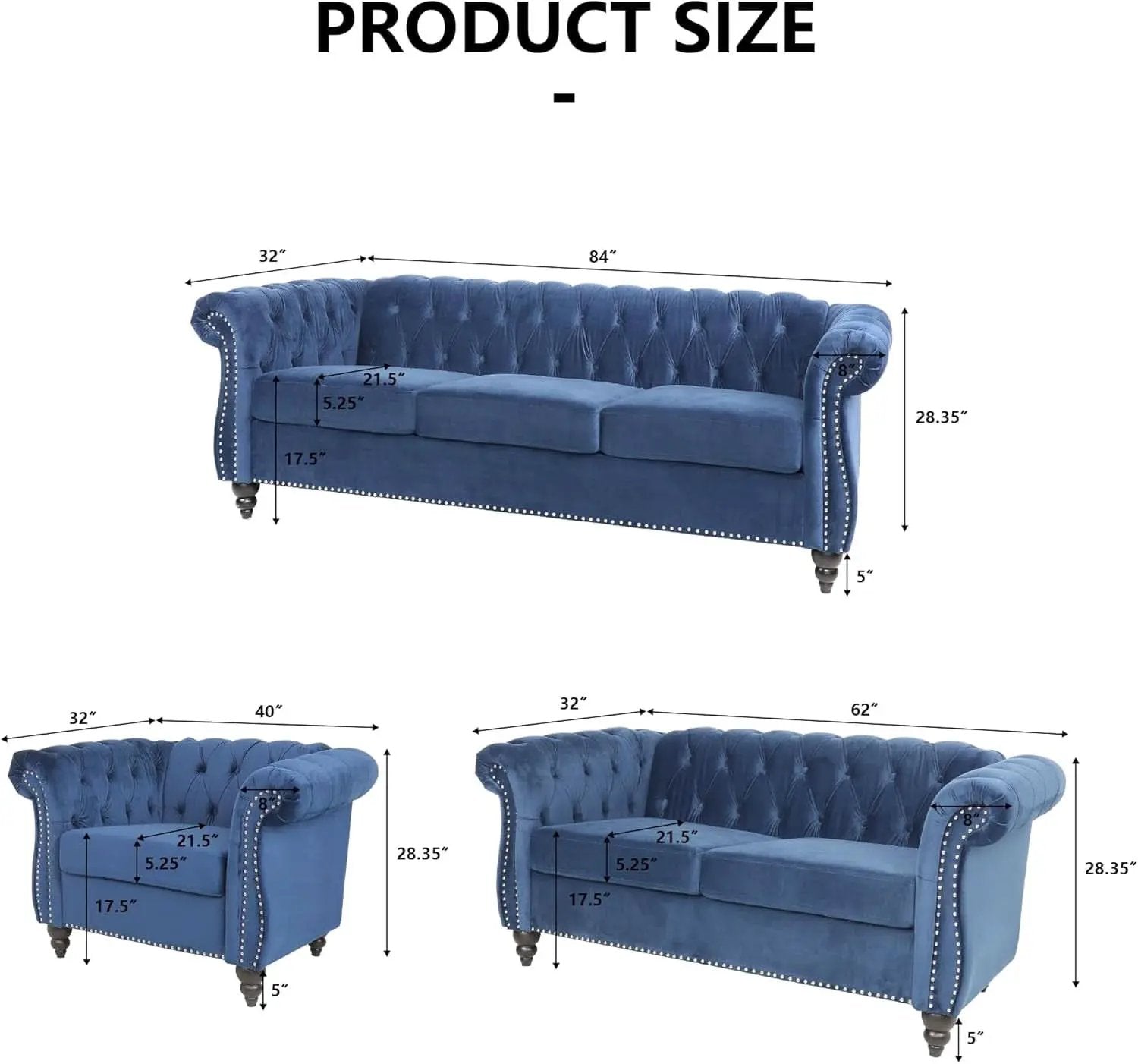 Three Piece Blue Velvet Chesterfield Sofa Set With Club Chair And Loveseat For Living Room from PriceLows™