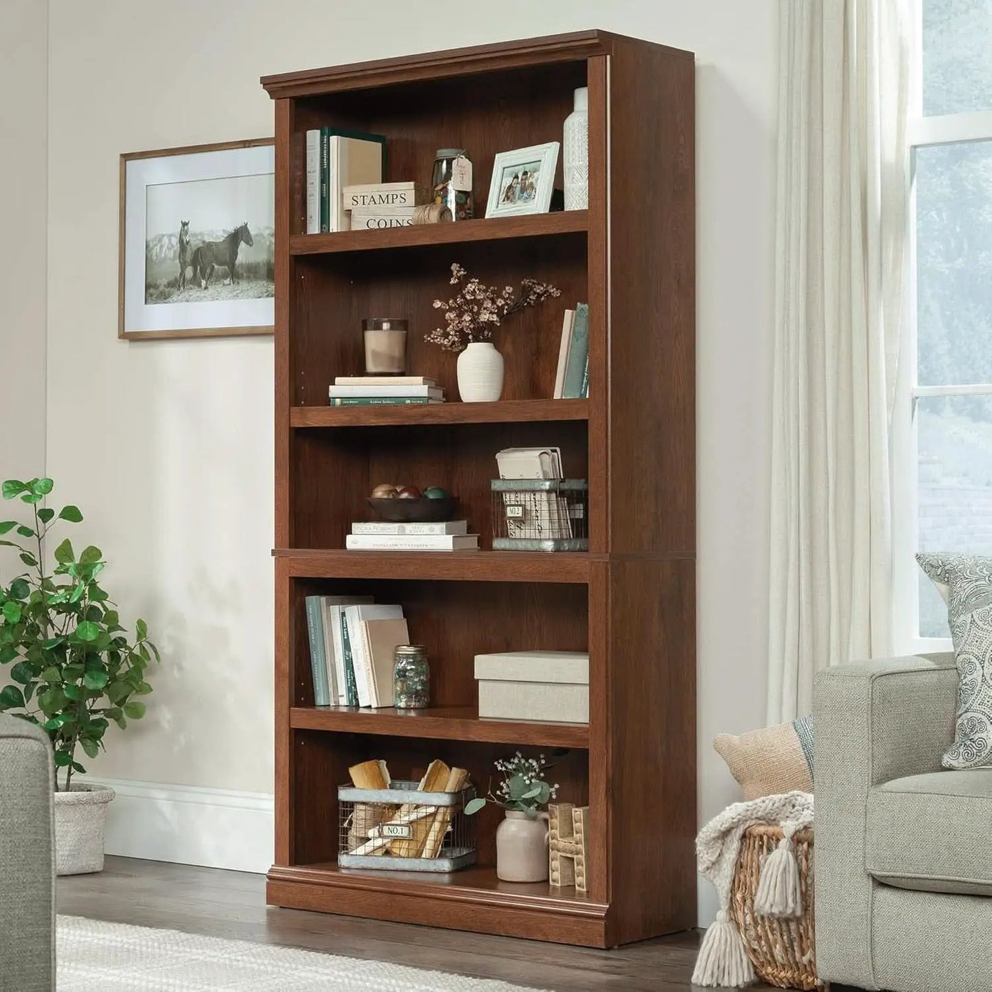 Five Shelf Bookcase In Oiled Oak Finish 35.28 Length 13.23 Width 69.76 Inches from PriceLows™