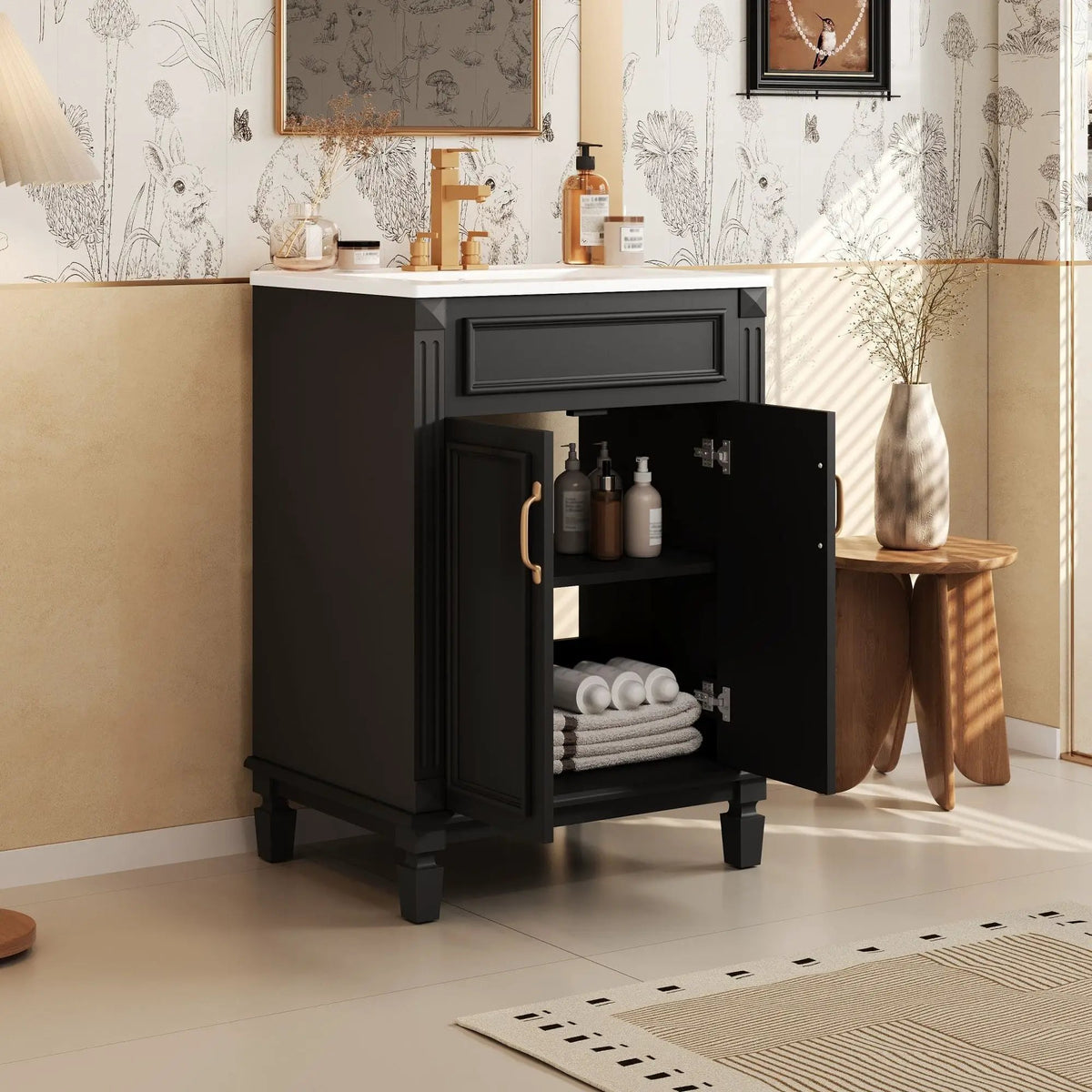 24 Inch Bathroom Vanity With Top Sink | Rubberwood Frame | 2 Soft Closing Doors | Glossy Ceramic Basin