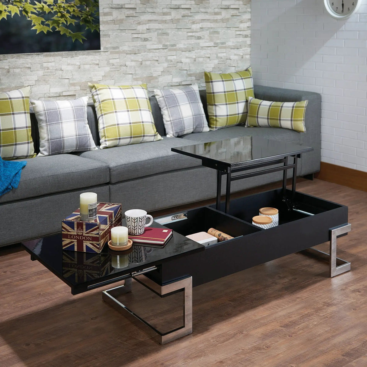 Calmam Lift Top Coffee Table | High Gloss Finish | 47 Inch Width | Geometric Metal Base