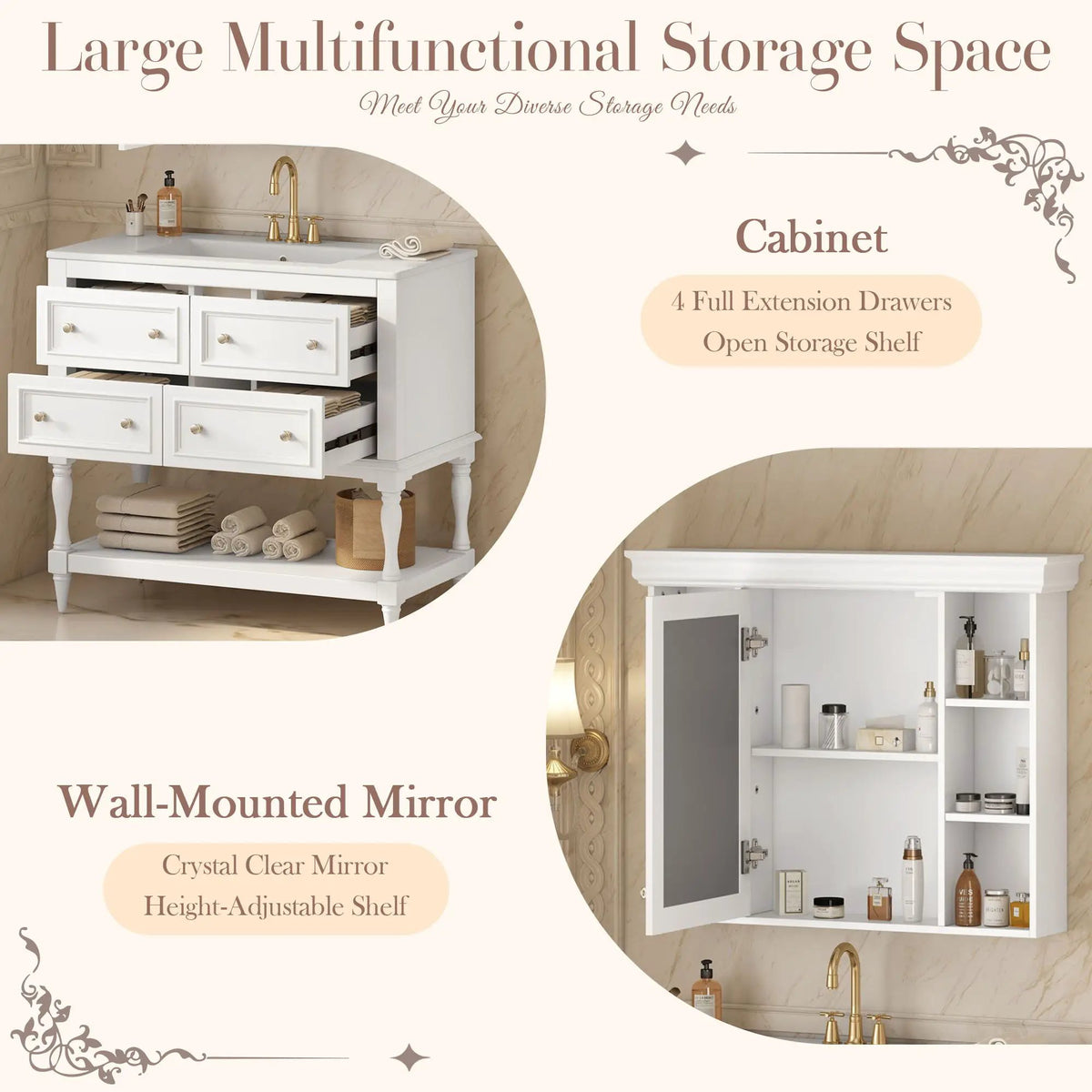 Bathroom Vanity With Medicine Cabinet | 4 Extension Drawers | Adjustable Shelf Mirror | Solid Wood Frame