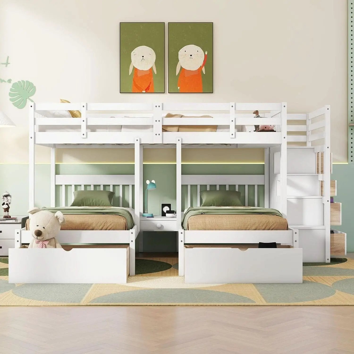 White Triple Bunk Bed With Storage Staircase Full Over Twin And Twin Bunk Bed from PriceLows™
